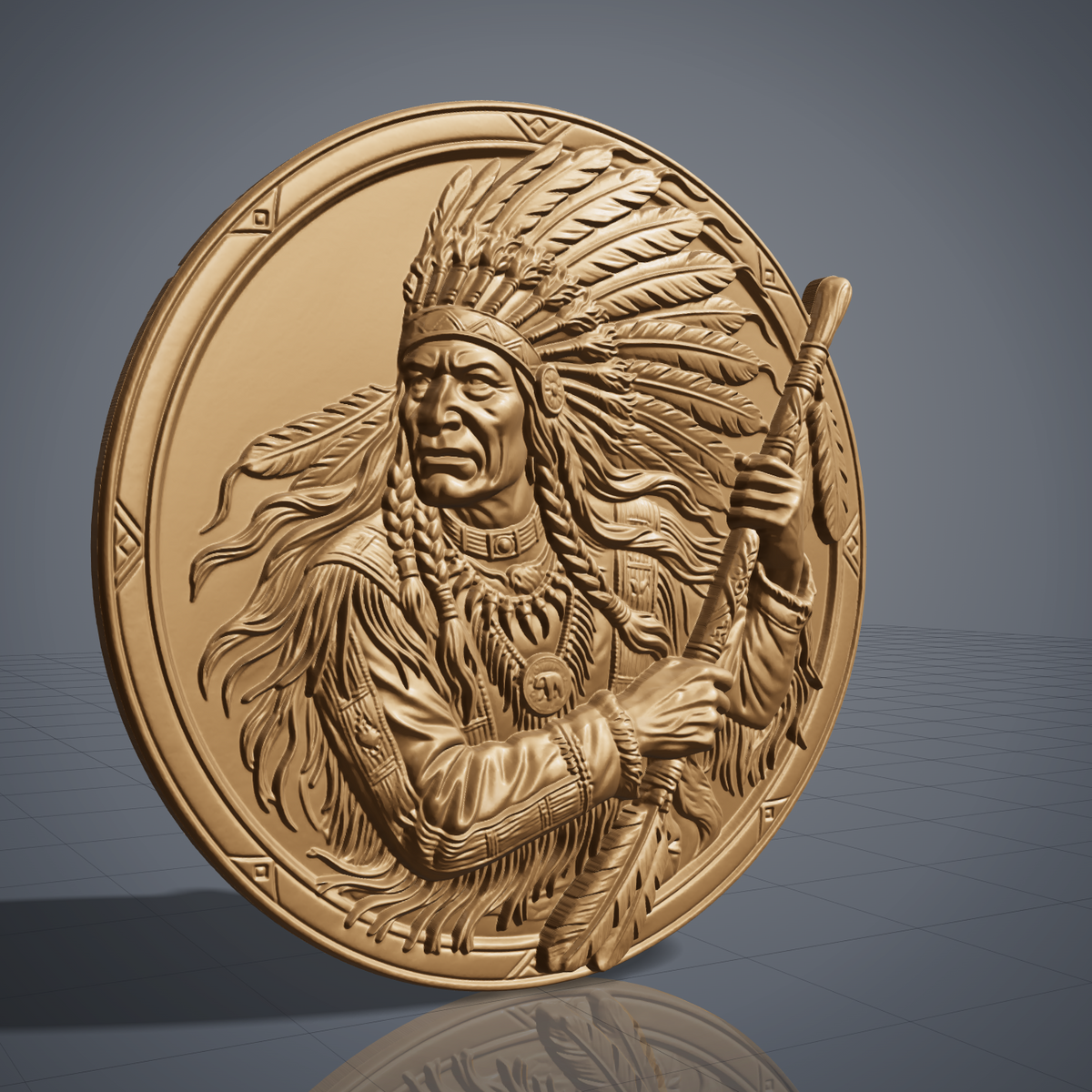 A profile portrait of a Native American chief in a tall feathered headdress with long braided hair, wearing a fringed tunic, bear-claw pendant necklace, and holding a feathered coup staff. Carved in deep 3D bas-relief with rich woodgrain texture, set within a round medallion bordered by a geometric diamond pattern. Ideal for CNC relief carving, wood routing, and 3D printing as rustic wall decor.
