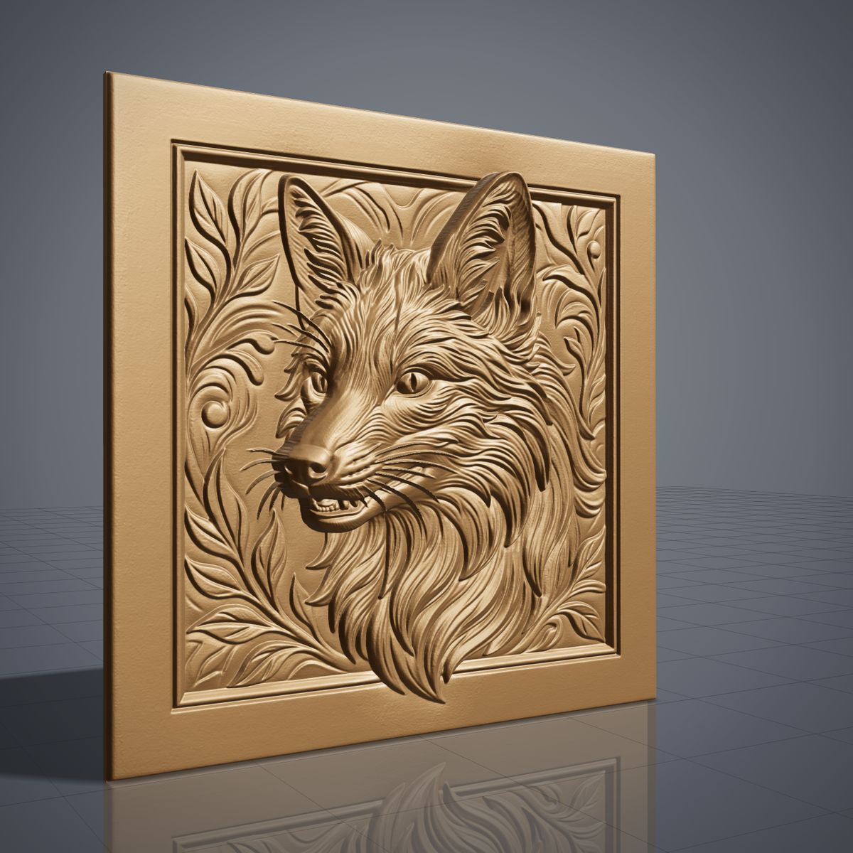 Detailed 3D bas-relief of a fox head with pointed ears, whiskers, and a slightly open mouth, carved in rich walnut wood grain with fine fur texture throughout. Leafy scrollwork, swirls, and small berry accents fill the corners within a raised square frame border. Designed for CNC relief carving, wood routing, and 3D printing as rustic wall decor.