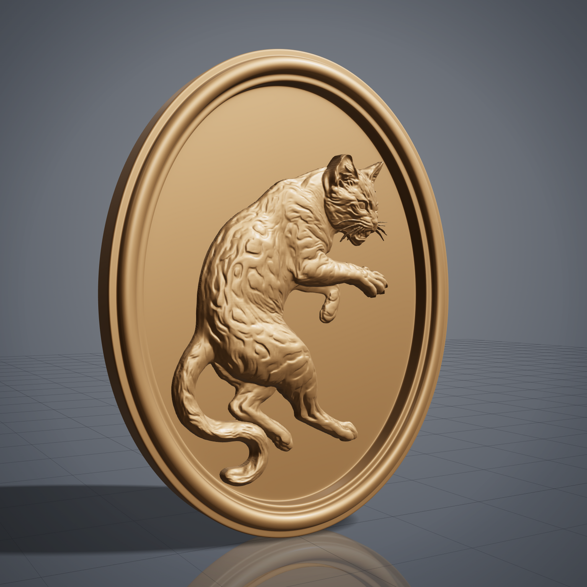 Detailed 3D bas-relief of a snarling cat rearing up inside an oval frame, mouth open showing fangs and one forepaw extended with claws out. Carved fur and rosette coat texture, a long S-curved tail, and a smooth double raised border around a recessed panel. Shown in dark walnut with fine woodgrain detail. Designed for CNC relief carving, wood routing, and 3D printing as animal wall decor.