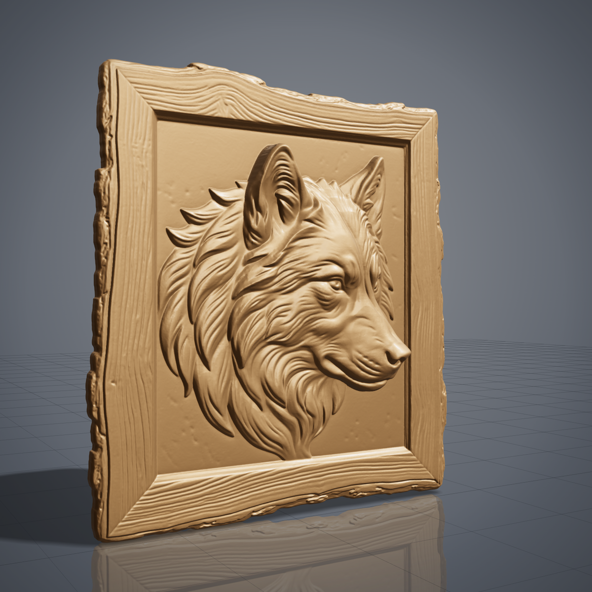 Detailed 3D bas-relief of a wolf head in profile with flowing layered fur, pointed ears and a calm watchful eye, set in a rustic live-edge wood picture frame with raised grain and rough natural edges around a recessed panel. Deep fur texture and carved wood grain. Made for CNC router carving, woodworking, 3D printing and rustic cabin wall decor.