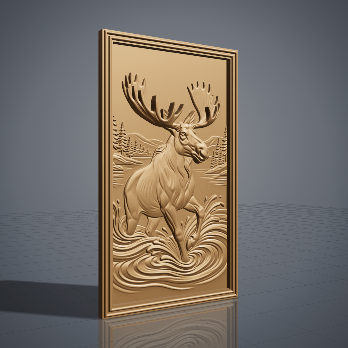 High-relief 3D bas-relief of a big moose with huge antlers wading through splashing lake water, with pine trees, lake shore and distant mountains behind, set in a tall portrait rectangular plaque with a stepped molded border. Fine fur, muscle and layered water ripple detail. Designed for CNC relief carving, wood routing and 3D printing as rustic wildlife wall decor for a cabin, lodge or den.