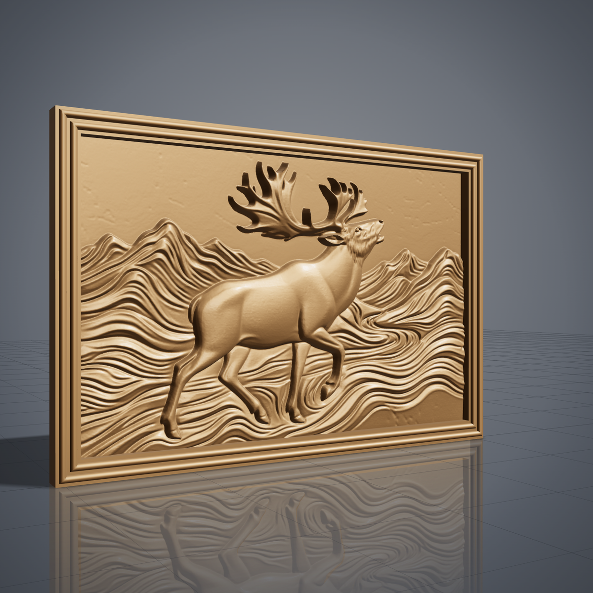 Detailed 3D bas-relief of a caribou with large branching antlers and raised front leg, striding through layered mountain ridges and flowing wind-swept waves. Set in a rectangular panel with a stepped molded frame, shown in carved walnut wood. Designed for CNC relief carving, woodworking and 3D printing as rustic northern wildlife wall decor.