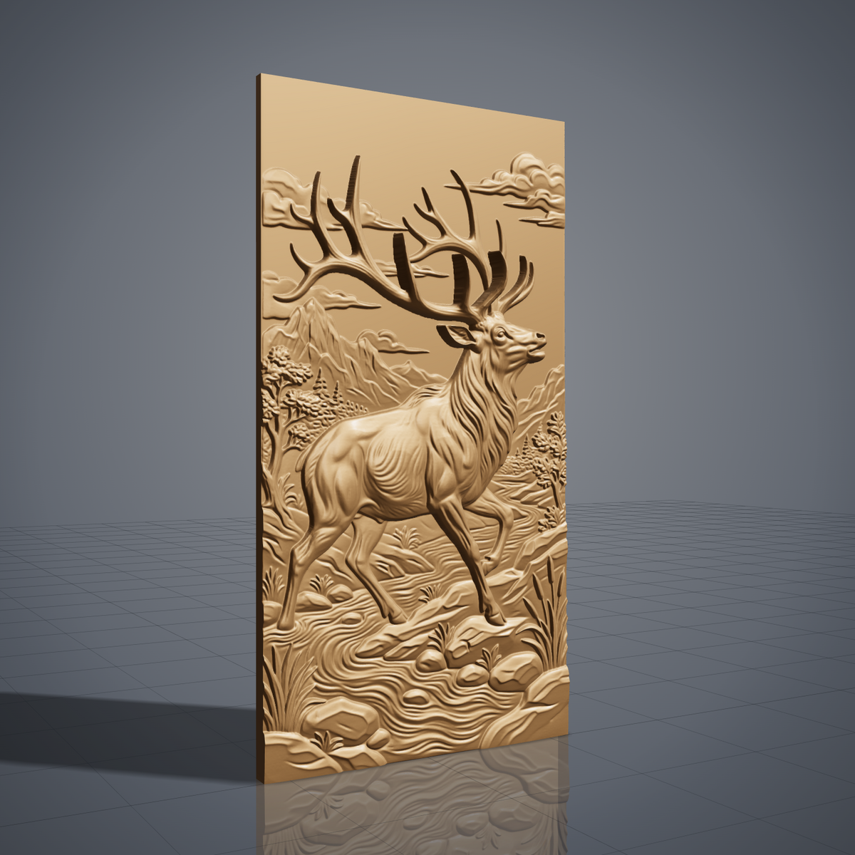 Detailed 3D bas-relief of a majestic bull elk with large antlers raised, striding through a mountain river valley with pine trees, cattails, rocks and clouds, set inside a stepped molded rectangular frame. Shown in carved walnut wood and grey resin. Designed for CNC relief carving, woodworking and 3D printing as rustic wildlife wall decor.