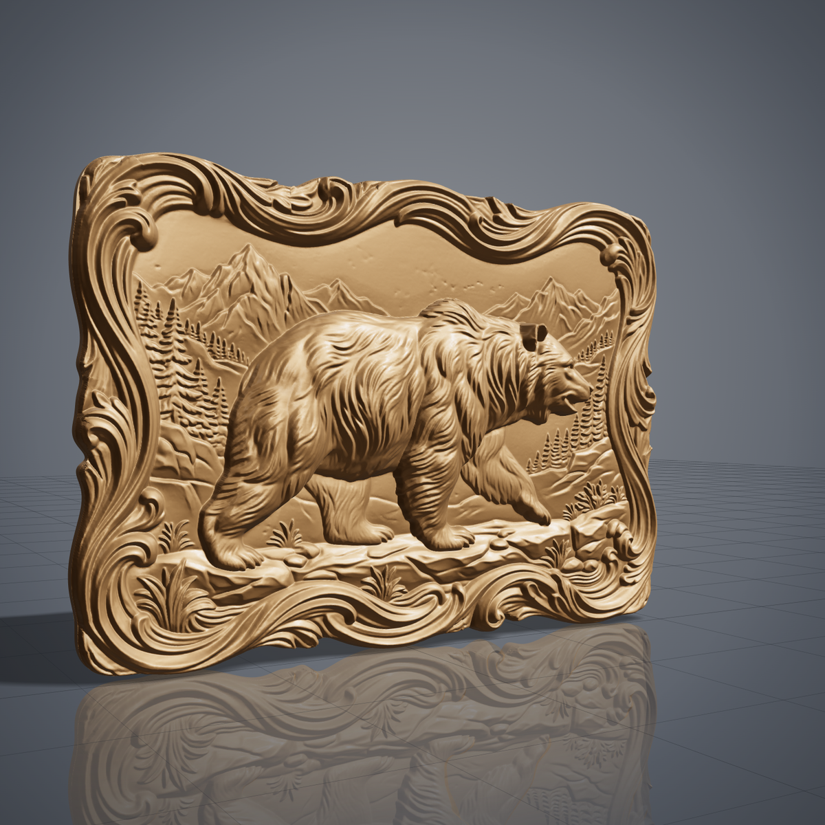 Detailed 3D bas-relief of a walking grizzly bear in side profile with thick shaggy fur, one front paw raised, set in a mountain valley with pine trees, grass tufts and rocks. Framed by an ornate wavy scrollwork border with a flowing irregular edge. Shown in carved walnut wood and grey resin. Designed for CNC relief carving, woodworking and 3D printing as rustic cabin wildlife wall decor.