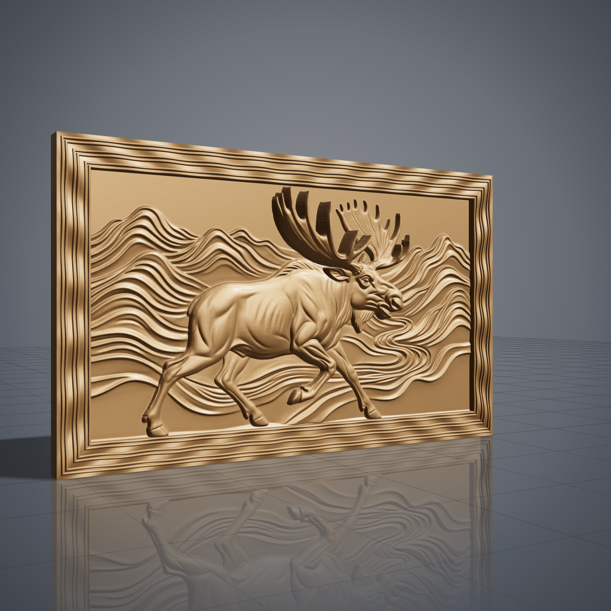 High-relief 3D bas-relief of a running moose with huge antlers striding through flowing wave-pattern mountains beside a winding river, set in a wide landscape rectangular plaque with a wavy stepped molded border. Fine fur, muscle and layered ridge detail. Designed for CNC relief carving, wood routing and 3D printing as rustic wildlife wall decor for a cabin, lodge or den.
