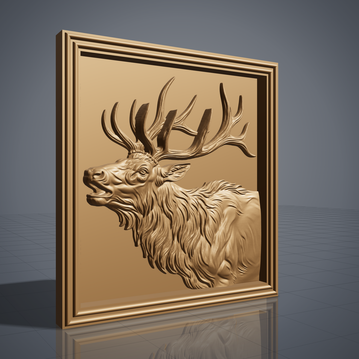 Detailed 3D bas-relief of a bugling bull elk in side profile with open mouth, large branching antlers, shaggy mane and fine fur texture. Set in a square panel with a stepped molded frame, shown in carved walnut wood. Designed for CNC relief carving, woodworking and 3D printing as rustic wildlife wall decor.