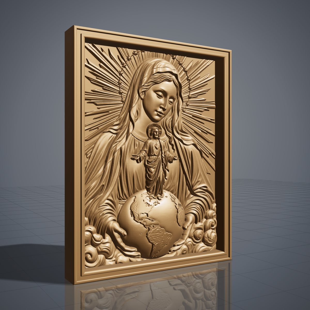 Bas-relief of the Virgin Mary with a radiant sunburst halo ringed by stars, gently gazing down as she holds the world in her open hands. The Sacred Heart of Jesus stands atop the globe with arms outstretched, haloed and robed, carved in fine wood-grain texture. Continents are detailed on the globe, framed by soft clouds below within a rectangular molded border. Designed for CNC relief carving, wood routing, and 3D printing as devotional wall decor.