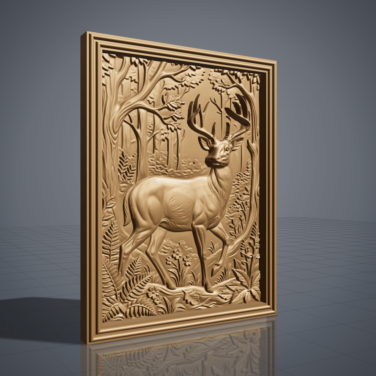 3D bas-relief of a majestic buck with a full set of antlers, standing in a woodland scene inside a rectangular frame with a moulded stepped border. Tall trees, leafy branches, ferns, wildflowers and a fallen log surround the deer. Smooth sculpted anatomy and fine foliage detail. Designed for CNC relief carving, woodworking and 3D printing as rectangular wall decor.