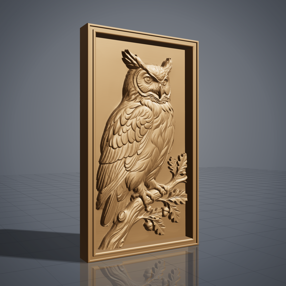Detailed 3D bas-relief of a great horned owl perched on an oak branch, wings folded, large forward-facing eyes, surrounded by acorns and oak leaves. Carved in rich walnut wood grain with fine feather texture, set within a raised rectangular frame border. Designed for CNC relief carving, wood routing, resin casting, and 3D printing as wall decor.