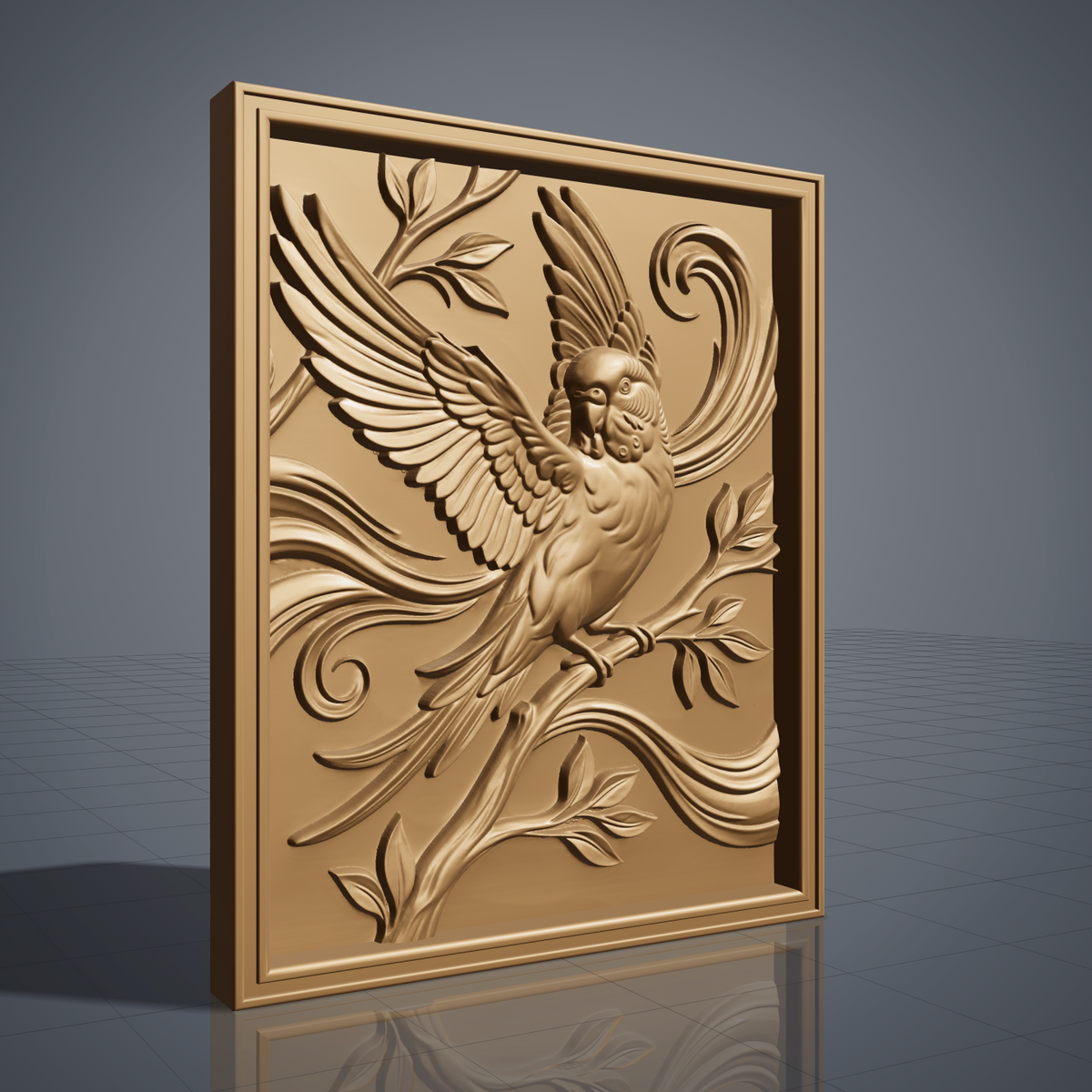 Highly detailed 3D bas-relief of a budgerigar parakeet with wings fully spread and raised, perched on a leafy branch with tail feathers fanned below, set against decorative scrollwork carved in rich walnut wood. The scene is framed by a raised, molded picture-frame border on a vertical rectangular panel. Fine relief carving captures individual feather barbs, leaf veins, and natural wood grain throughout. Designed for CNC relief carving, wood routing, and 3D printing as bird lover, nature-inspire
