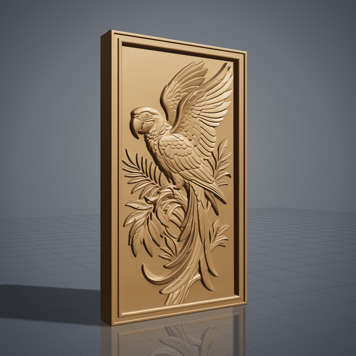 Detailed 3D bas-relief of a macaw parrot perched on a branch, wings fully spread, surrounded by palm fronds and scrollwork leaves. Carved in rich walnut wood grain with fine feather texture, set within a raised rectangular frame border. Designed for CNC relief carving, wood routing, resin casting, and 3D printing as wall decor.