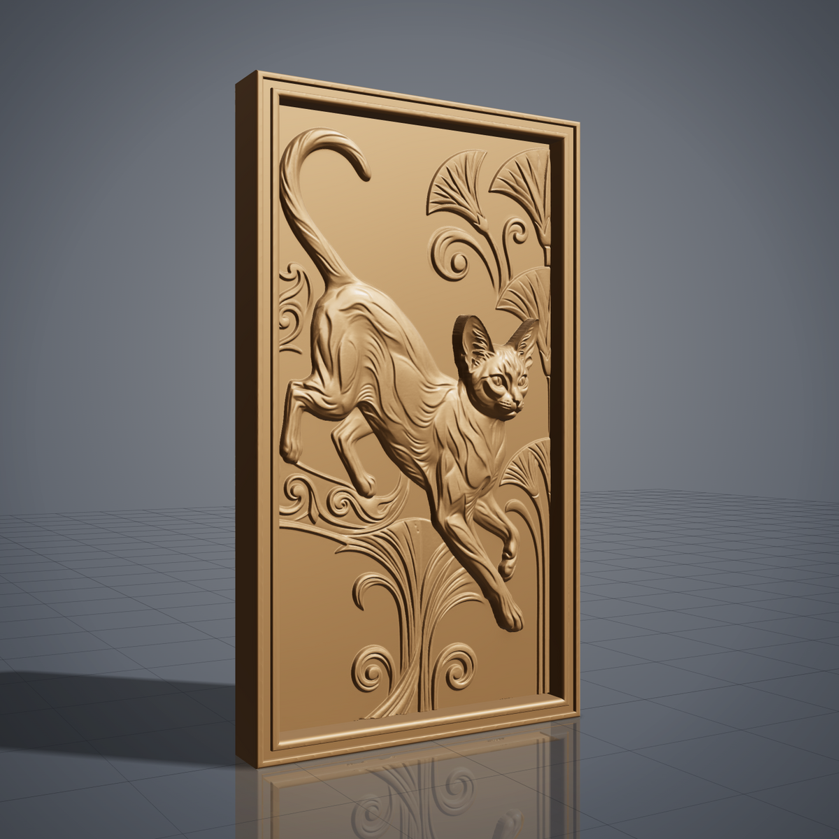 Sleek Oriental cat caught mid-leap with a curled tail, carved as a detailed 3D bas-relief among art nouveau lily fans and spiraling scrollwork. The design sits within a molded rectangular frame border. Designed for CNC relief carving, wood routing, and 3D printing as wall decor.