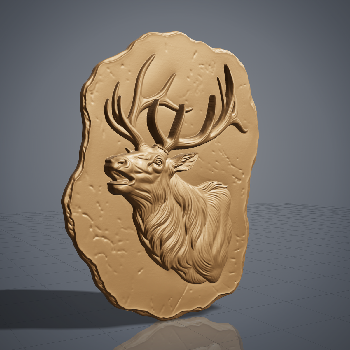 Detailed 3D bas-relief of a bugling bull elk in side profile with open mouth, large branching antlers, shaggy mane and fine fur texture. Set on a rough-edged stone plaque with weathered surface texture, shown in carved walnut wood. Designed for CNC relief carving, woodworking and 3D printing as rustic wildlife wall decor.