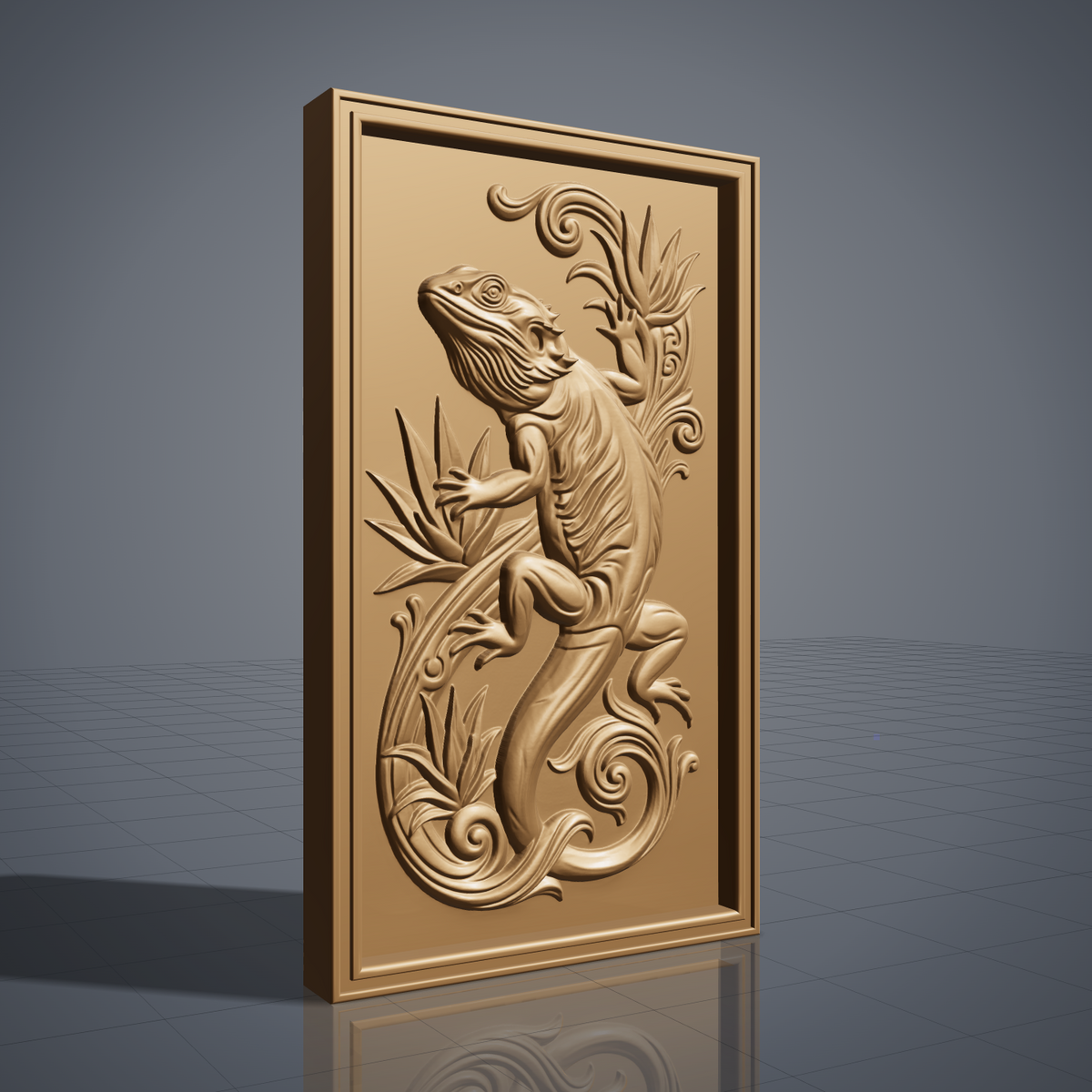Detailed 3D bas-relief of a bearded dragon in a climbing pose, with spiky dorsal frill and beard scales, textured body scales, and one leg reaching onto a bird of paradise leaf. Tropical leaf motifs and a curling tail scrollwork fill the design, framed by a raised rectangular border. Carved texture with fine surface detail throughout. Designed for CNC relief carving, wood routing, resin casting, and 3D printing as wall decor.