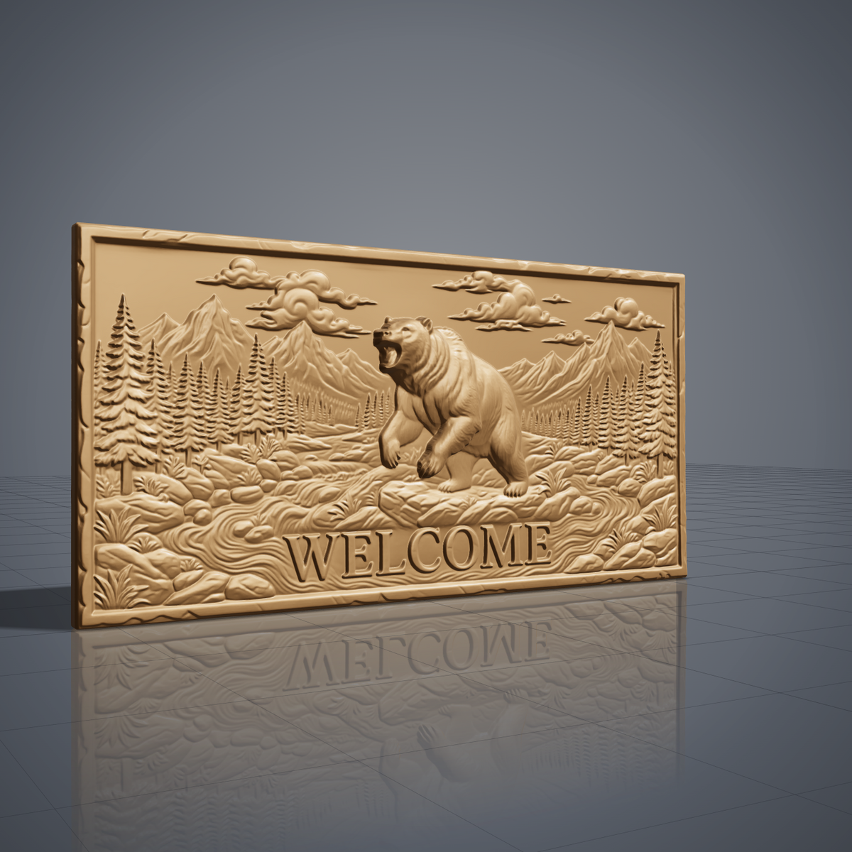Detailed 3D bas-relief of a roaring grizzly bear standing on its hind legs in a mountain valley, with WELCOME lettering carved below. Pine forest, rocky stream, rugged peaks and billowing clouds fill the scene on a rectangular slab with a rough stone-style edge. Fine fur texture. Designed for CNC relief carving, woodworking and 3D printing as rustic cabin and porch wall decor.
