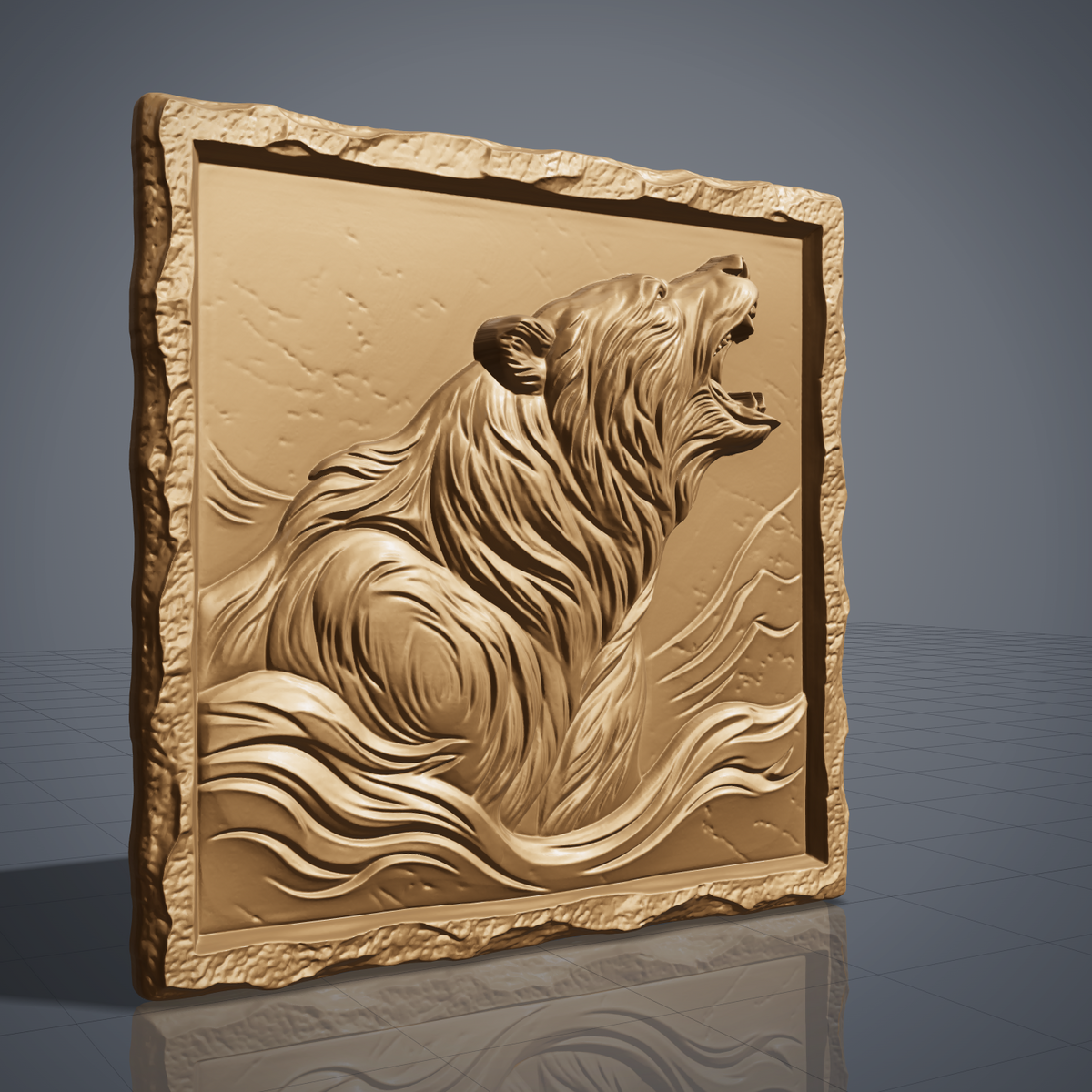 Detailed 3D bas-relief of a roaring bear with head raised and mouth open, thick flowing fur and mountain ridges behind. Set in a square panel with a rough hewn stone style border around a recessed field. Shown in carved walnut wood and grey resin. Designed for CNC relief carving, woodworking and 3D printing as rustic cabin and wildlife wall decor.