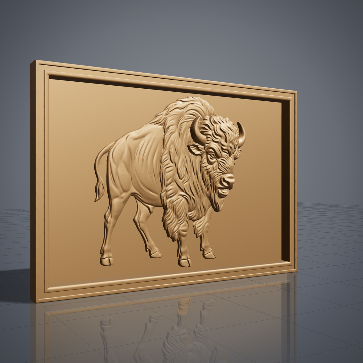 Detailed 3D bas-relief of an American bison standing in three-quarter view with its head turned toward the viewer, showing curved horns, a thick shaggy mane, bearded chin, muscular body and tufted tail. Deep fur texture and raised detail throughout, set inside a stepped rectangular frame border. Designed for CNC relief carving, wood routing and 3D printing as rustic western wall decor.