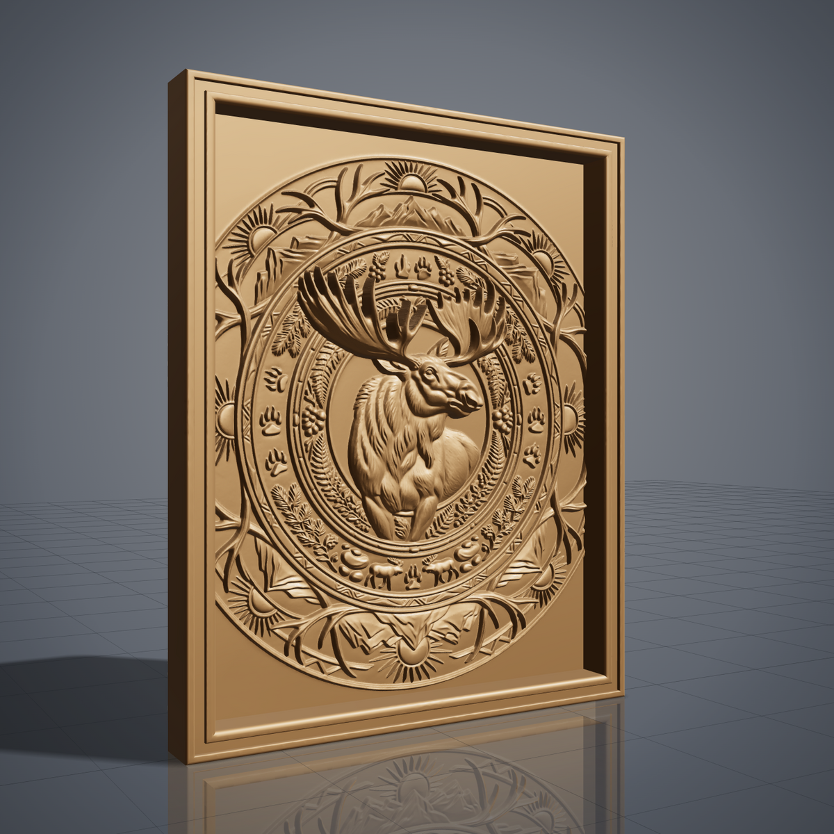 High-relief 3D bas-relief of a bull moose inside a circular mandala medallion of antlers, mountains, rising suns, ferns, berries and paw prints, set in a stepped rectangular frame. Fine fur, muscle and antler detail with layered rings rising from a smooth background. Designed for CNC relief carving, wood routing and 3D printing as rustic wildlife wall decor for a cabin, lodge or hunting den.