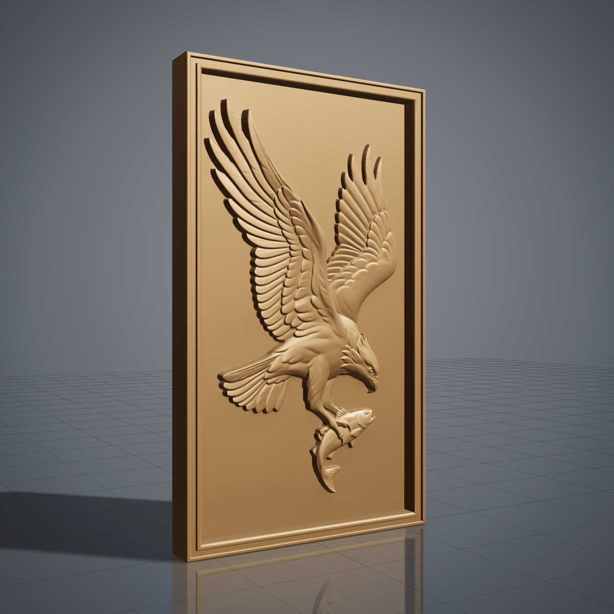 Highly detailed 3D bas-relief of a bald eagle diving with wings raised and spread wide, talons gripping a fish, head turned down toward its catch, carved in rich walnut wood. Framed by a raised, molded picture-frame border on a vertical rectangular panel. Fine relief carving captures individual feather barbs, fish scales, and natural wood grain. Designed for CNC relief carving, wood routing, and 3D printing as wildlife, lodge, or patriotic wall decor.