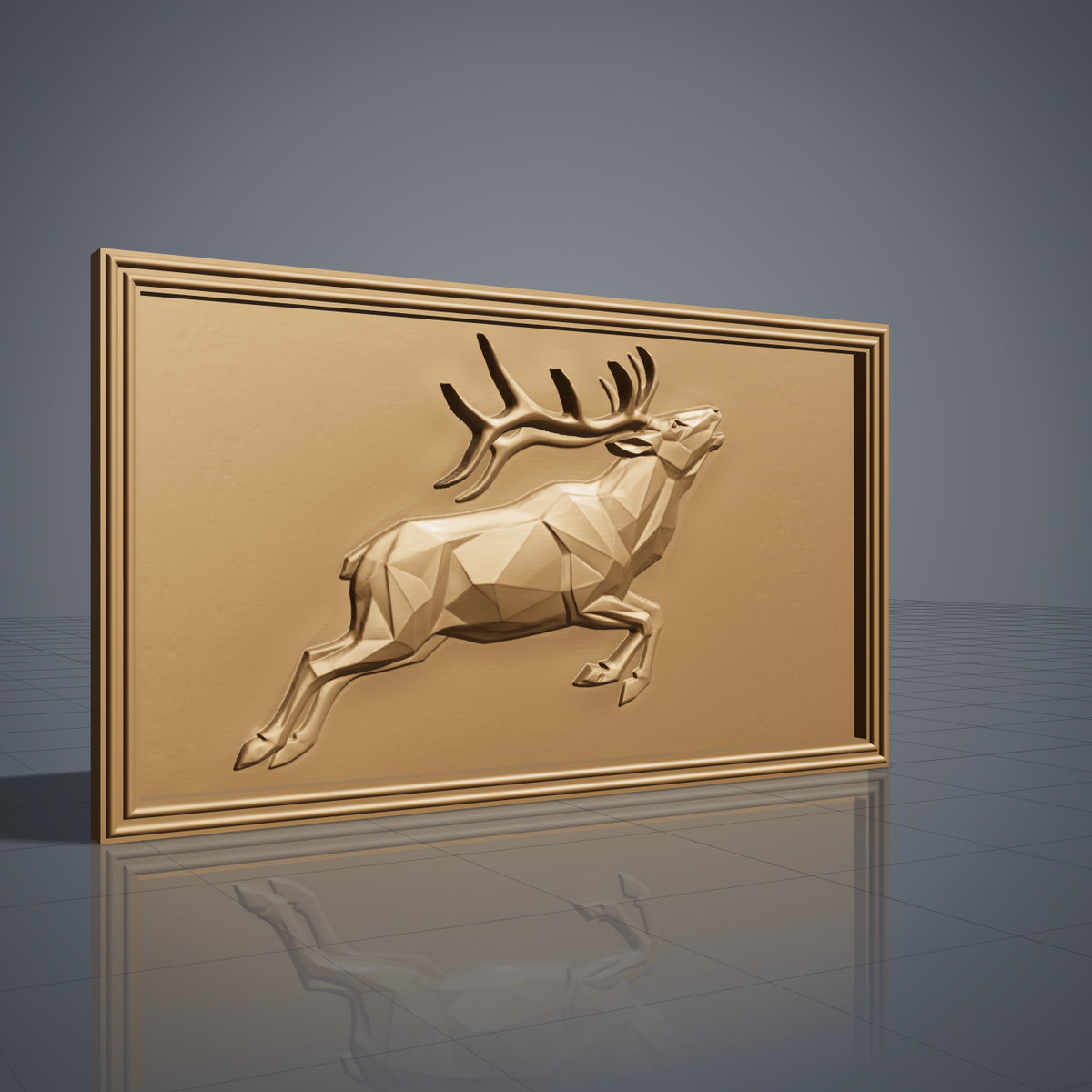Detailed 3D bas-relief of a low poly geometric bull elk leaping with head raised and large antlers, faceted angular body and raised hooves, set inside a stepped molded rectangular frame. Shown in carved walnut wood and grey resin. Designed for CNC relief carving, woodworking and 3D printing as modern geometric wildlife wall decor.
