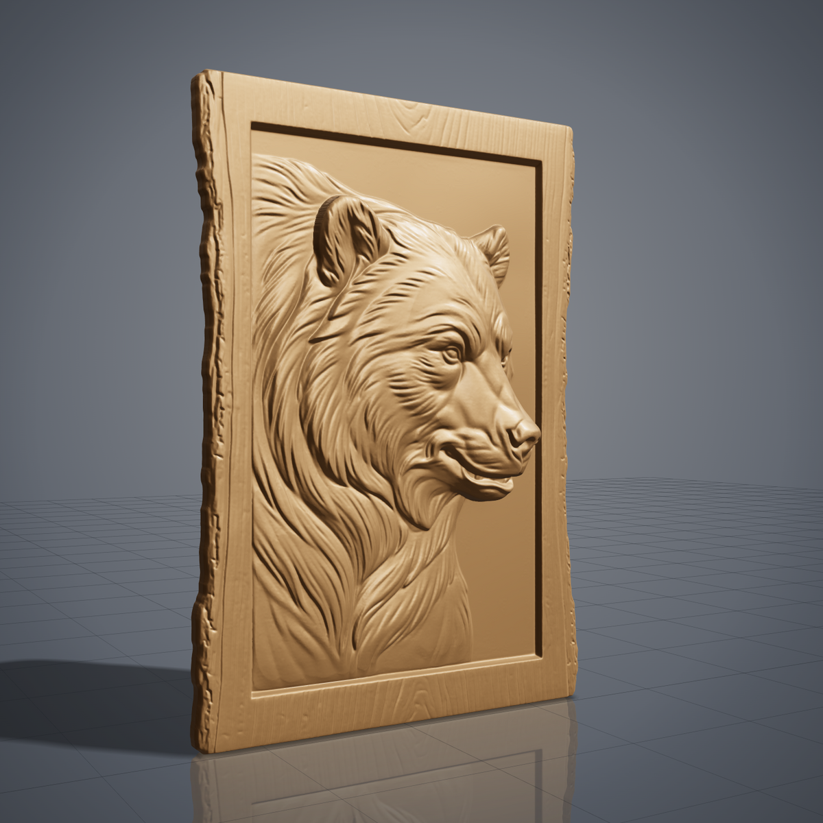 Detailed 3D bas-relief of a bear head in side profile with thick flowing fur, alert eyes and rounded ears, set inside a recessed panel. Framed by a rustic live edge wood border with natural bark texture and a raised inner rim. Shown in carved walnut wood and grey resin. Designed for CNC relief carving, woodworking and 3D printing as rustic cabin wildlife wall decor.
