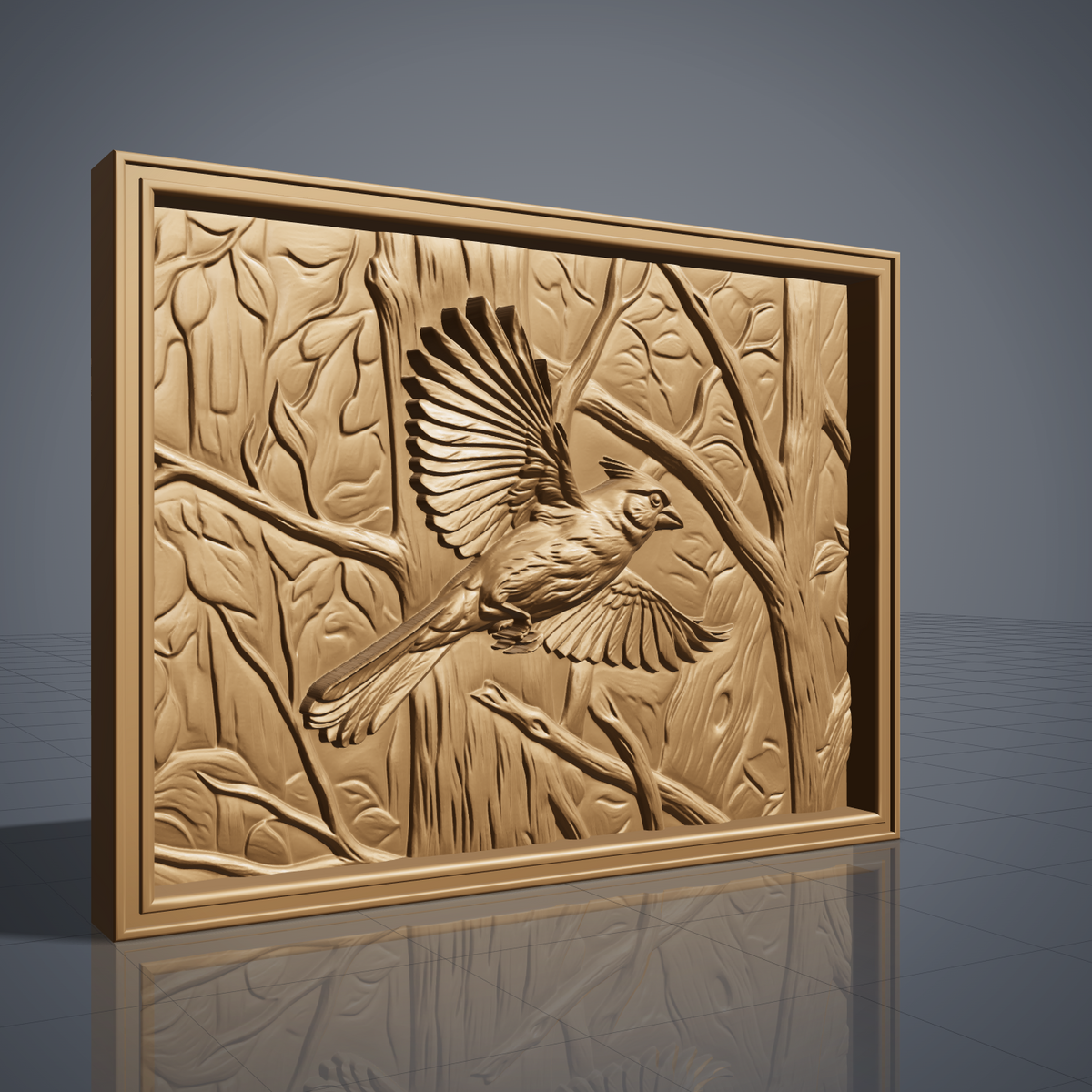 Detailed 3D bas-relief of a cardinal in flight, wings spread and tail fanned, perched among carved forest branches and leaves. The scene is set within a raised rectangular frame border, with fine feather and wood-grain texture throughout. Shown rendered in walnut wood, grey resin, and carved panel finishes. Designed for CNC relief carving, wood routing, and 3D printing as wall decor.
