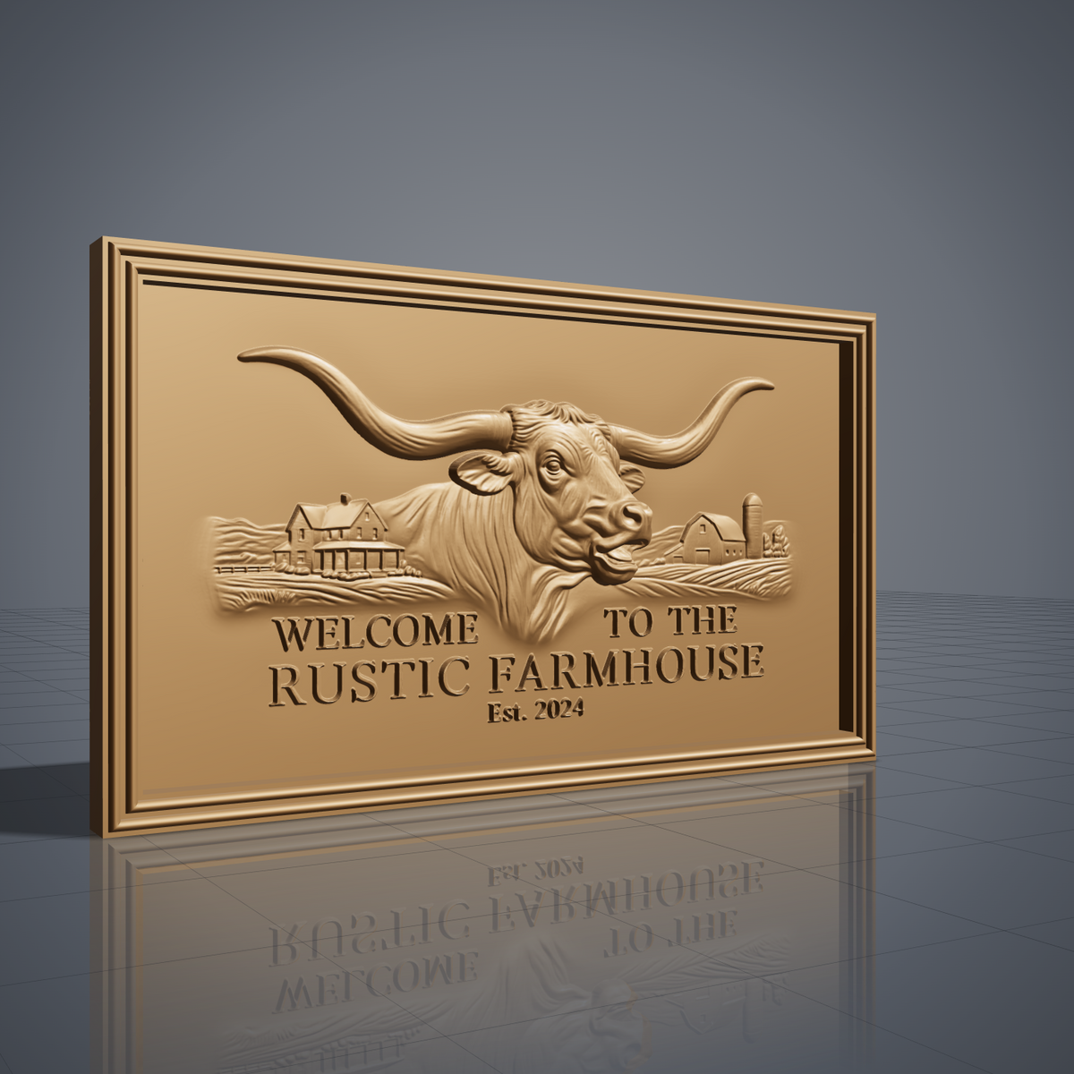 Detailed 3D bas-relief of a Texas longhorn bull with wide curved horns, set in a farmhouse and barn landscape with rolling fields and a silo. Raised lettering reads Welcome to the Rustic Farmhouse Est. 2024 below the bull, all inside a stepped molded rectangular frame. Fine hair, horn and wood-ready surface detail. Made for CNC router carving, woodworking, 3D printing and rustic western wall decor.