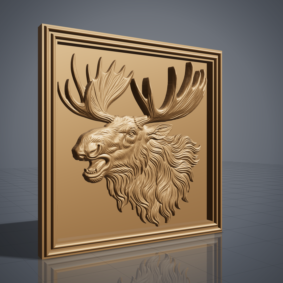High-relief 3D bas-relief of a bugling moose head with open mouth, huge palmate antlers and a flowing shaggy mane, set in a square framed plaque with a stepped molded border and flat recessed background. Fine fur and antler grain detail with layered relief. Designed for CNC relief carving, wood routing and 3D printing as rustic wildlife wall decor for a cabin, lodge or hunting den.