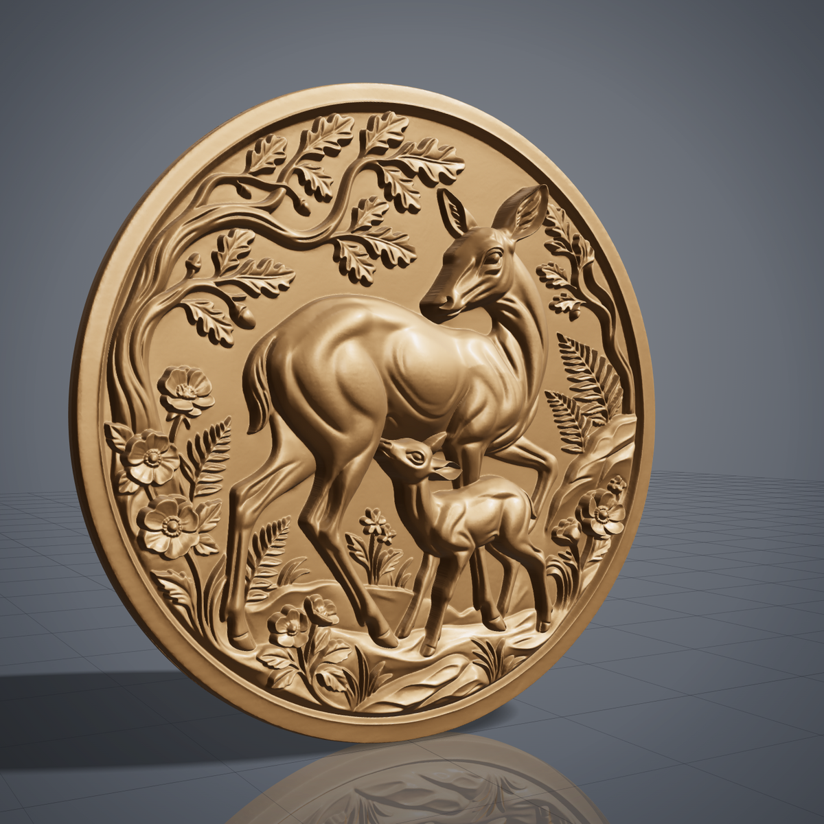 3D bas-relief of a doe looking back while her fawn nurses, set in a round medallion with a raised ring border. Oak branches with acorns arch overhead, with ferns, wild roses and meadow grass in raised detail. Smooth sculpted anatomy and fine leaf texture. Designed for CNC relief carving, woodworking and 3D printing as round wall decor.