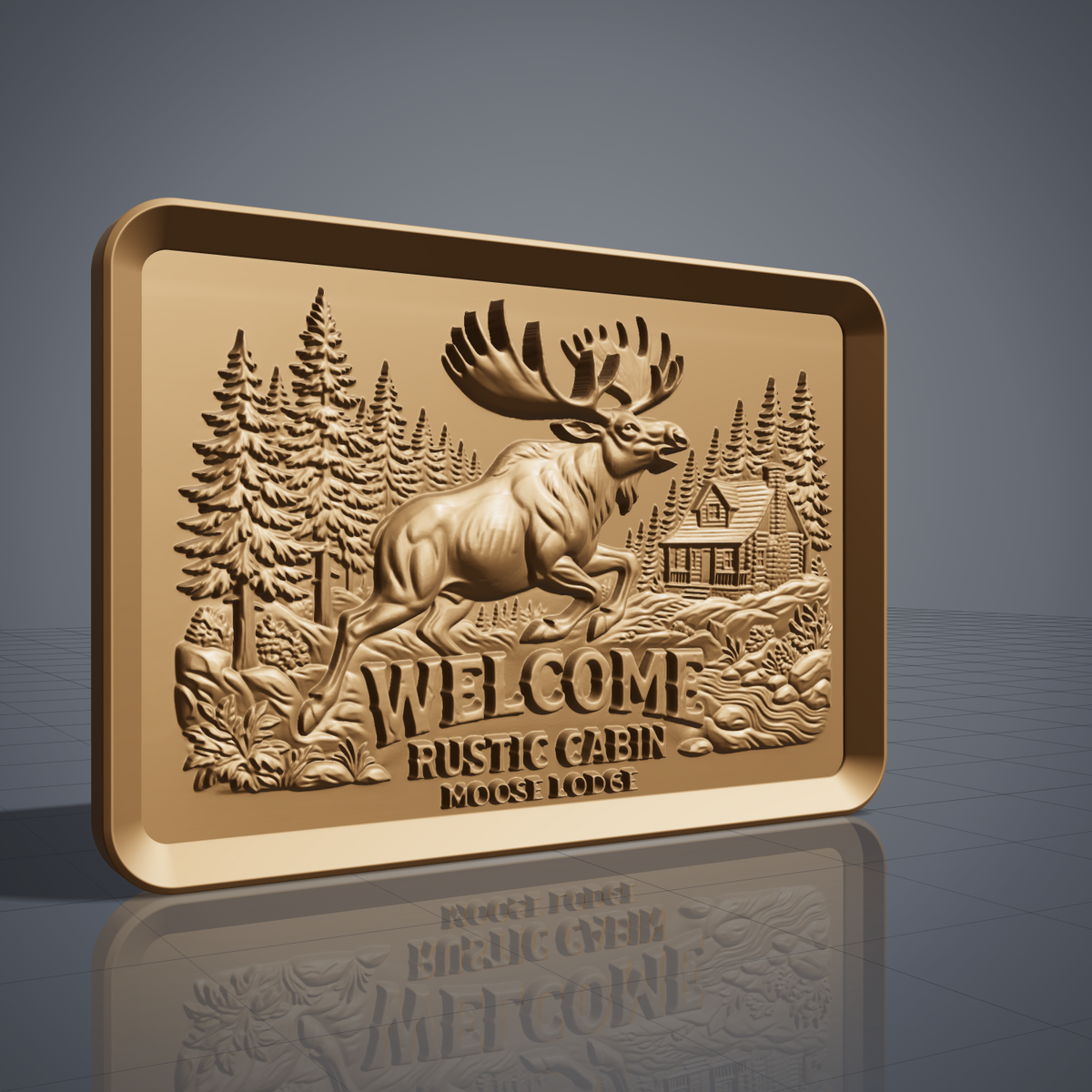 Leaping bull moose with large antlers in front of tall pine trees, a log cabin with stone chimney and a rocky stream, with carved WELCOME RUSTIC CABIN MOOSE LODGE lettering, shown as a landscape rectangular frame relief plaque with a raised rim, digital STL model for CNC router carving and 3D printing.