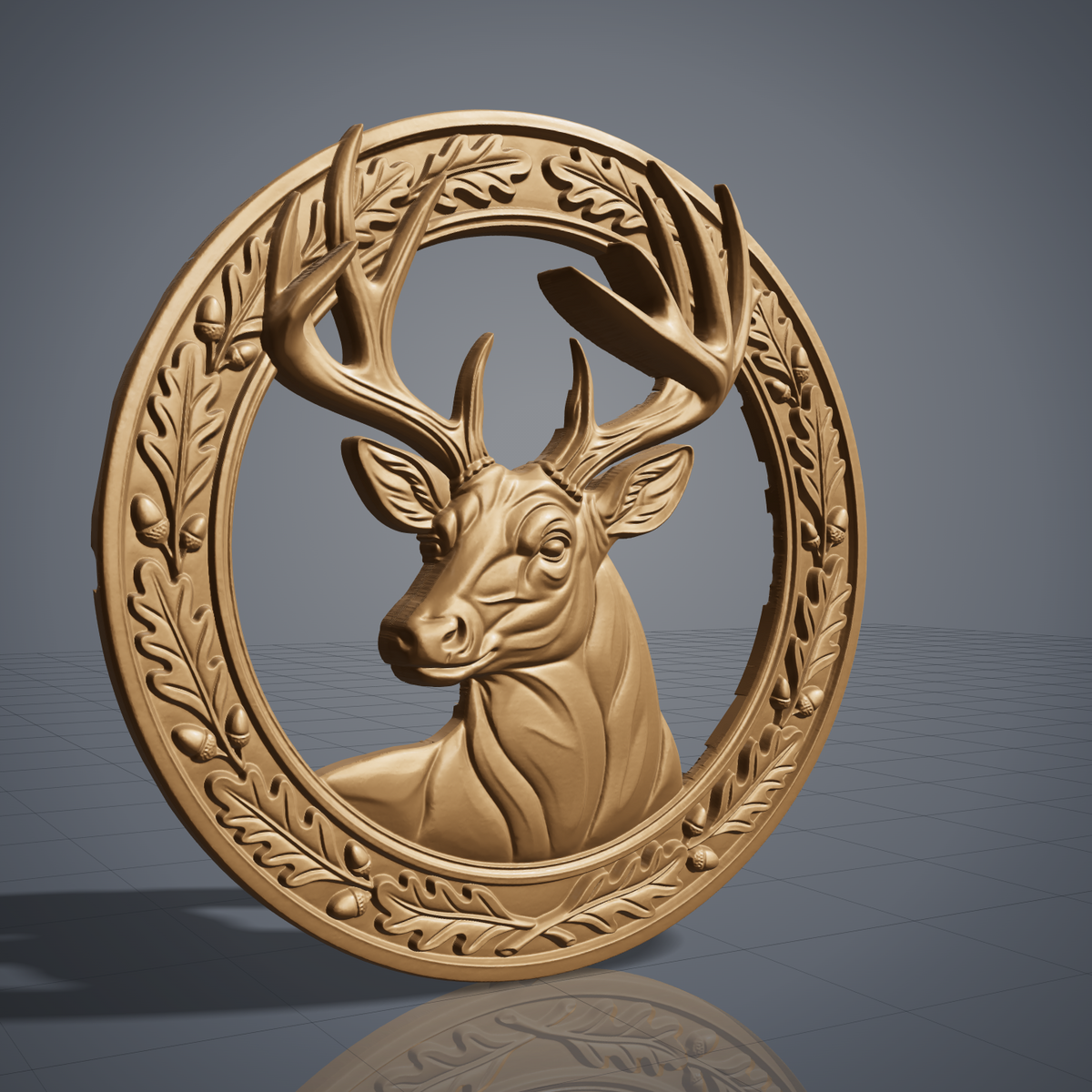High-relief 3D bas-relief of a deer head with large antlers inside a circular wreath of oak leaves and acorns, made as an open cutout with the background cut away. Fine antler, fur and leaf detail with layered relief. Designed for CNC relief carving, wood routing and 3D printing as rustic wildlife wall decor for a cabin, lodge or hunting den.