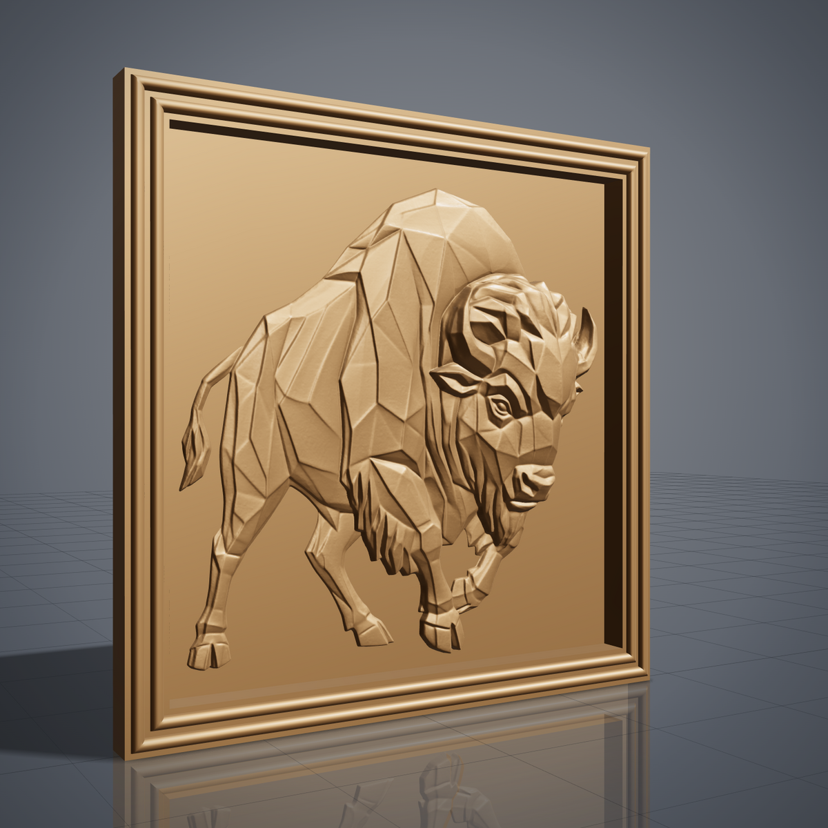 Full-body low poly geometric bison walking forward with lowered head and curved horns, faceted angular planes carved in relief inside a square stepped molded frame, digital STL model for CNC router carving and 3D printing.