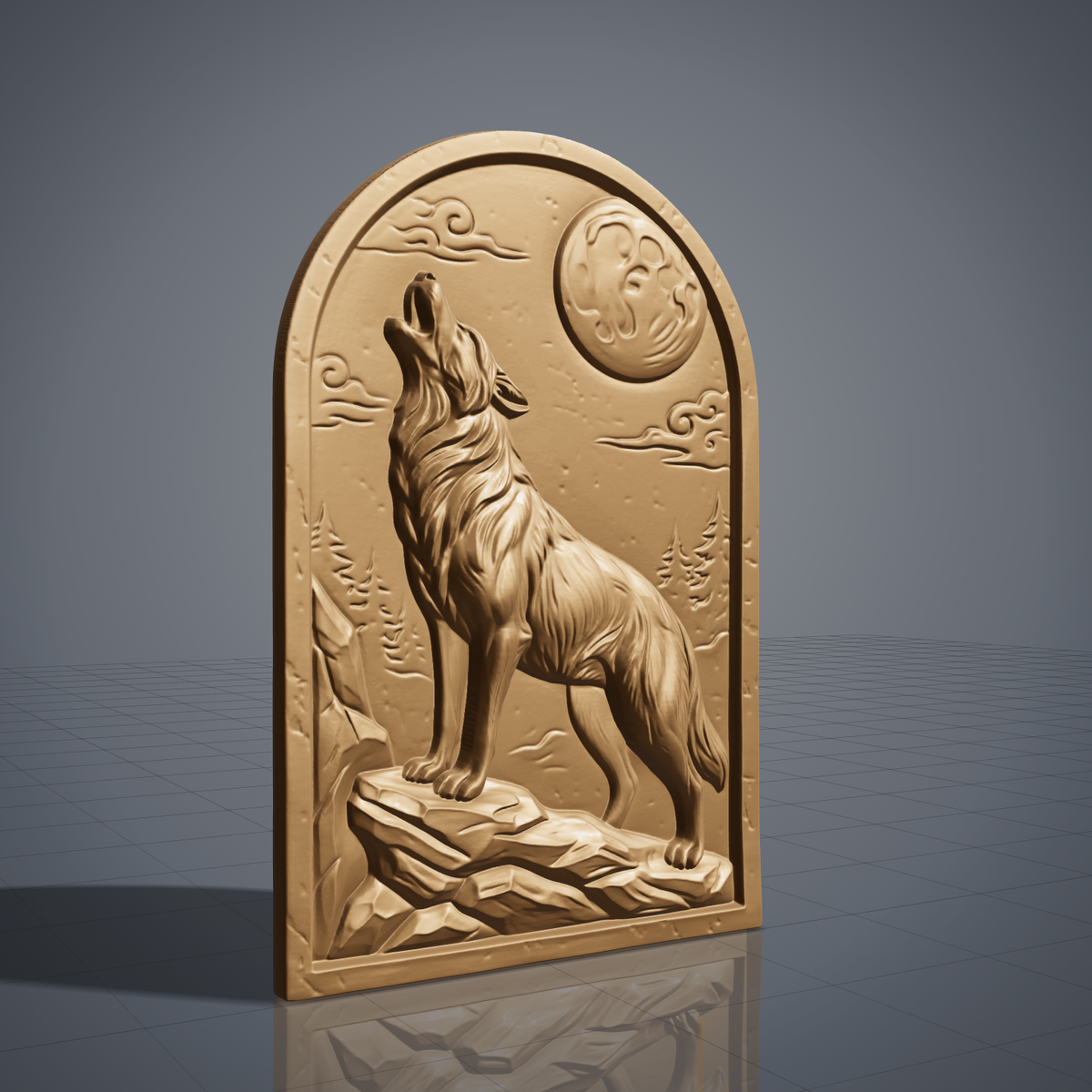 Detailed 3D bas-relief of a wolf howling at a full moon, standing on a rocky ledge with deep fur texture, swirling clouds, pine trees and mountain rocks behind. The scene is carved on an arched-top panel with a thin raised border and rustic wood grain. Designed for CNC router carving, wood routing and 3D printing as wolf wall decor for a cabin or lodge.