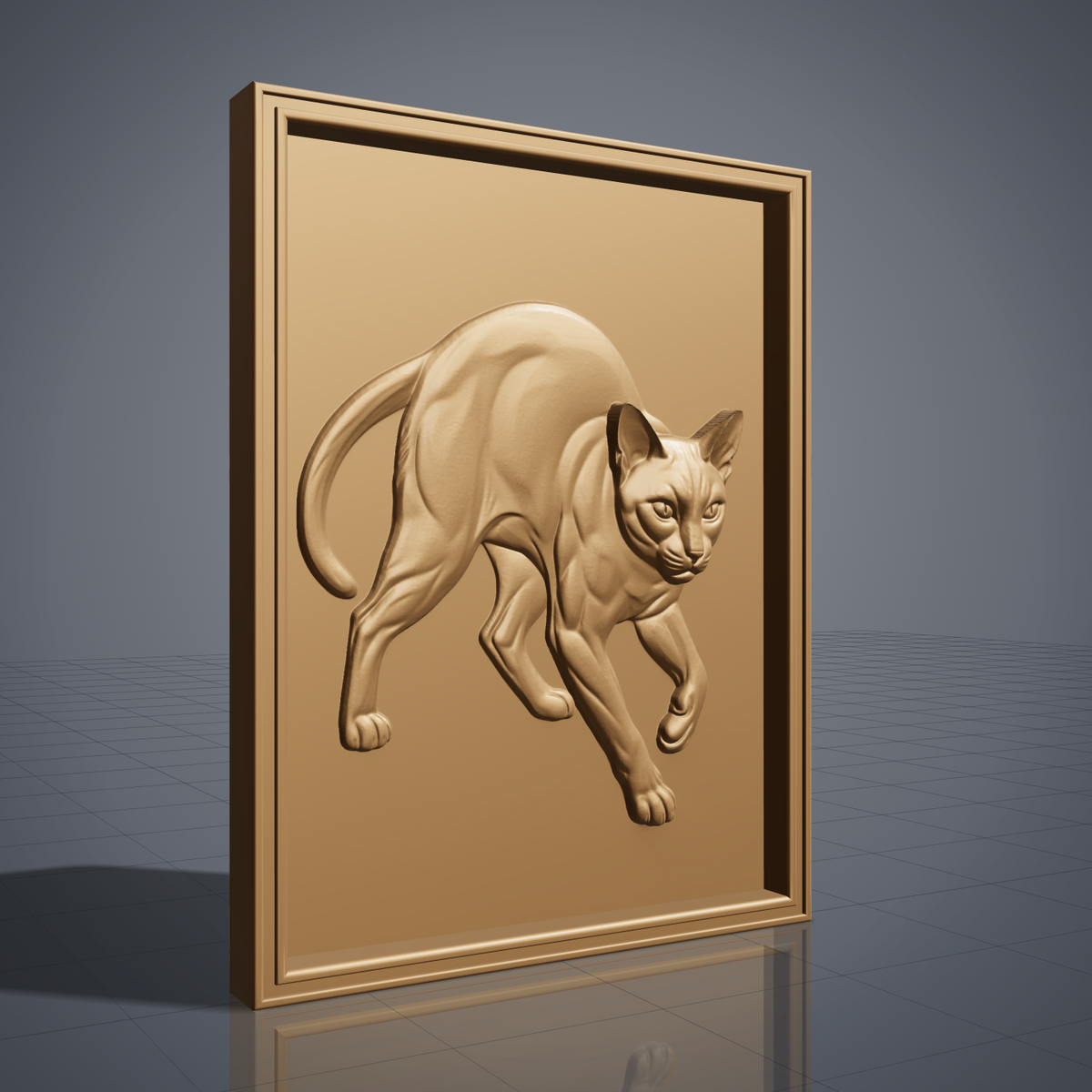 Highly detailed 3D bas-relief of a cat in a dynamic lunging, stretching pose, captured mid-step with an arched back and curled tail. Fine fur texture and muscle definition are carved throughout, set within a raised rectangular frame border. Designed for CNC relief carving, wood routing, and 3D printing as wall art or home decor.