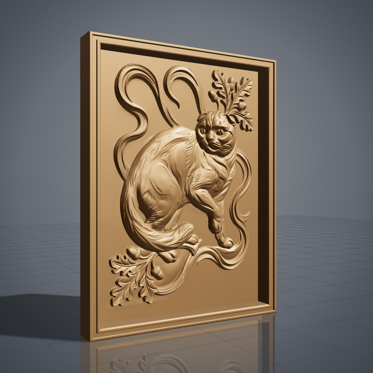 Crouching Scottish Fold cat carved in 3D bas-relief, with an oak leaf and acorn cluster rising behind its head and a curling Art Nouveau vine motif framing the scene. The tail wraps forward beneath a second oak leaf sprig, with fine fur and woodgrain texture throughout. Set within a raised rectangular molded frame. Designed for CNC relief carving, wood routing, resin casting, and 3D printing as wall decor.