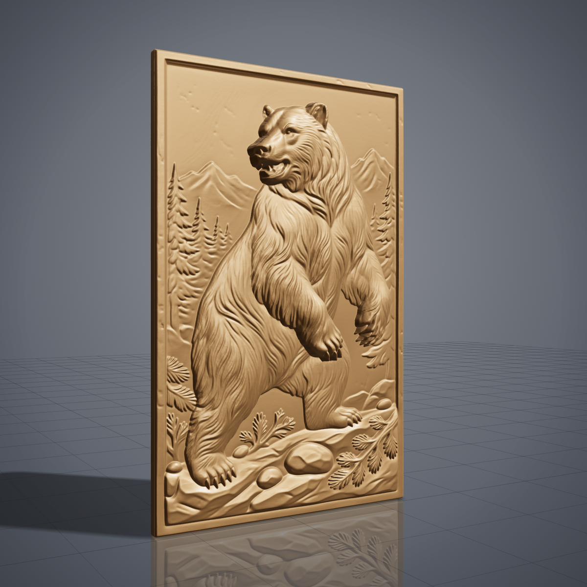 Detailed 3D bas-relief of a standing grizzly bear in a pine forest with snow-capped mountains behind, rocky ground and fern details in the foreground. Framed by a rectangular molded border around a recessed panel. Shown in carved walnut wood and grey resin. Designed for CNC relief carving, woodworking and 3D printing as rustic cabin and wildlife wall decor.