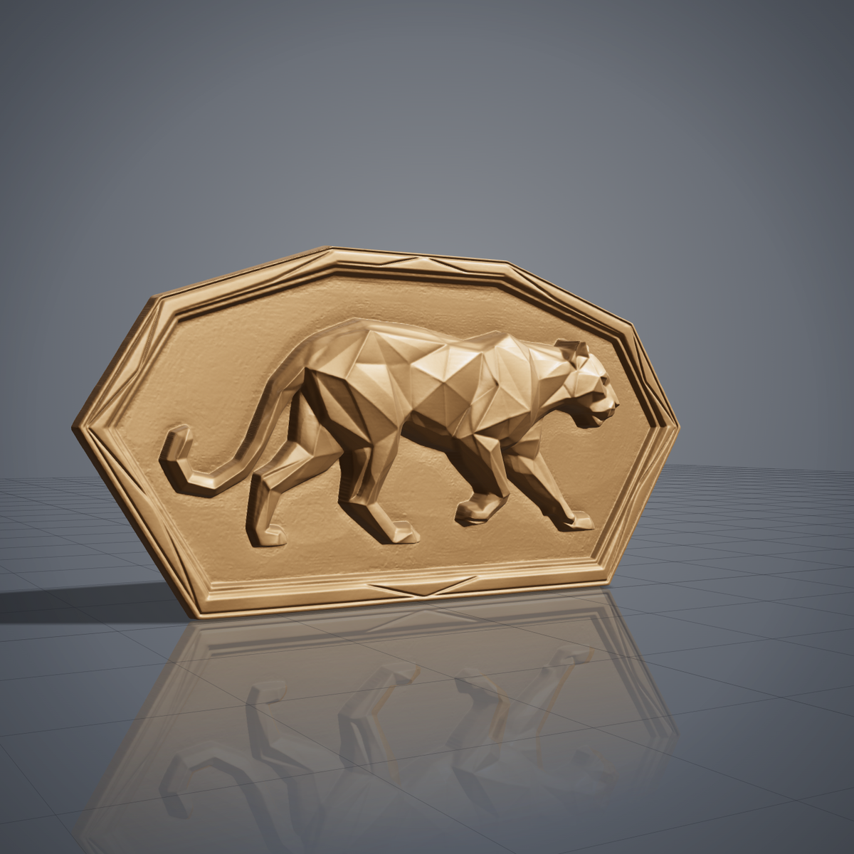 Low poly mountain lion carved in dark walnut wood inside a chamfered rectangular frame with stepped raised border, shown as a workshop mockup and a grey resin render. Digital STL relief file for CNC routers and 3D printers, ideal for wildlife wall art, panels and woodworking projects.