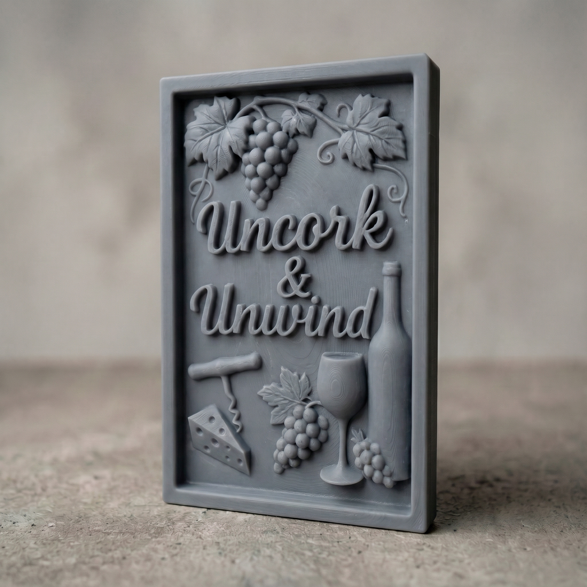 Detailed wooden bas-relief featuring the phrase “Uncork & Unwind” surrounded by grape clusters, vine leaves, a wine bottle, glass, corkscrew, and cheese wedge. The composition includes flowing script text, layered textures, and a framed rustic design, perfect for wine lovers and ideal for CNC carving or 3D printing decorative kitchen or bar wall art.