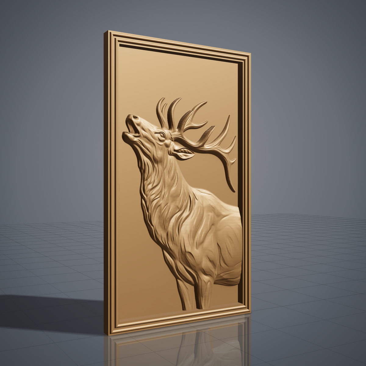 Detailed 3D bas-relief of a bull elk in side profile with head raised, large branching antlers, flowing mane and fine fur texture. Set in a rectangular panel with a stepped molded frame, shown in carved walnut wood. Designed for CNC relief carving, woodworking and 3D printing as rustic wildlife wall decor.