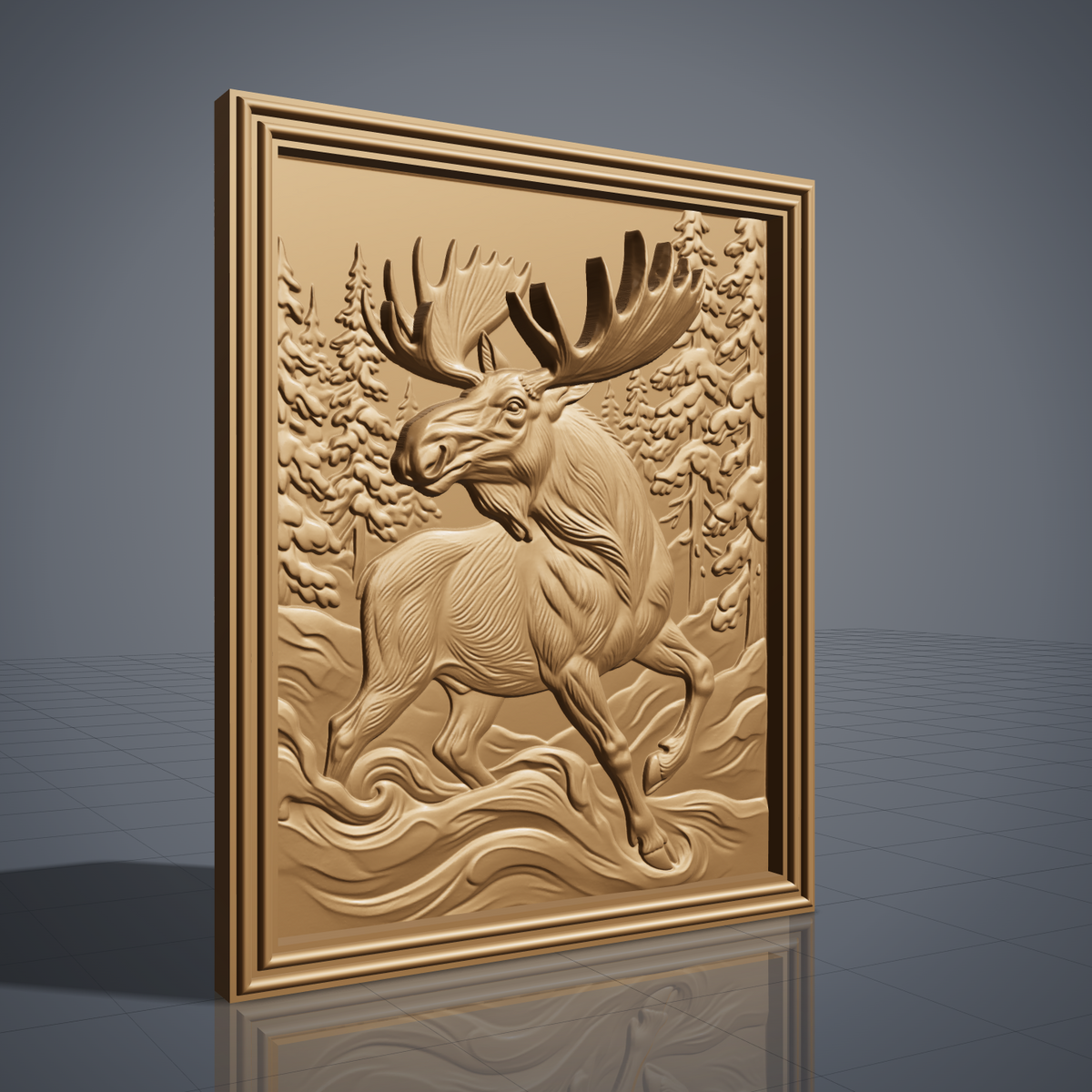 Realistic running moose with huge antlers and one front leg raised, framed by snow-covered pine trees with swirling snow waves below, shown as a portrait rectangular frame relief plaque with a stepped molded border, digital STL model for CNC router carving and 3D printing.