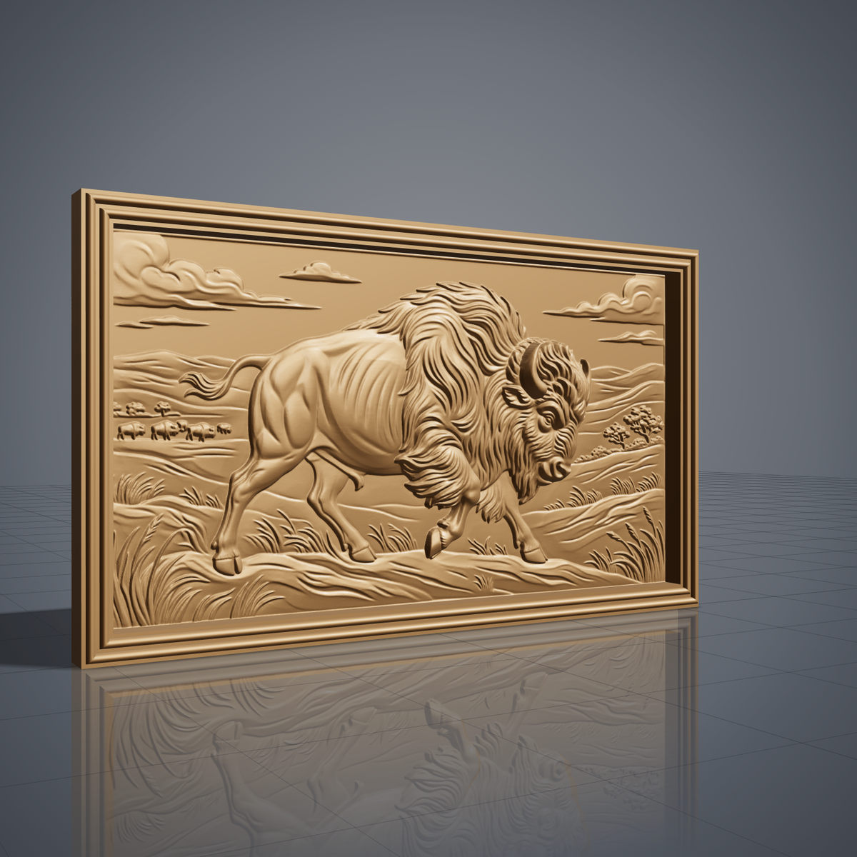 Bison walking across an open prairie with rolling hills, grass, a distant herd, trees and sculpted clouds, carved in high relief inside a wide landscape rectangle frame, digital STL model for CNC router carving and 3D printing.