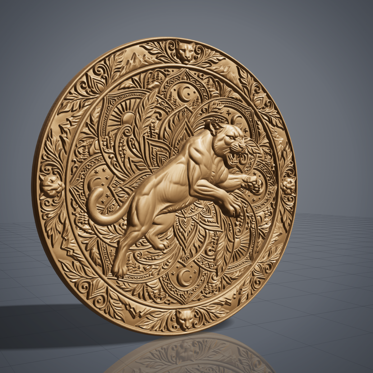 Mountain lion carved in dark walnut wood inside a round mandala frame with leaf scrollwork, moon and sun motifs and cougar head accents, shown as a workshop mockup and a grey resin render. Digital STL relief file for CNC routers and 3D printers, ideal for wildlife wall art, panels and woodworking projects.