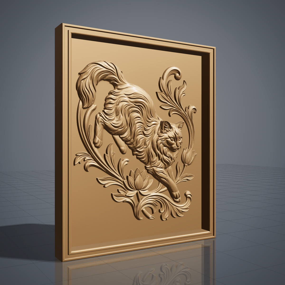 Long-haired cat in a leaping pose with a large curled tail, carved in detailed 3D bas-relief and surrounded by baroque acanthus scrollwork and blooming lotus flowers. The design sits within a raised rectangular frame border, shown here in dark walnut wood and grey resin finishes. Designed for CNC relief carving, wood routing, and 3D printing as wall decor.
