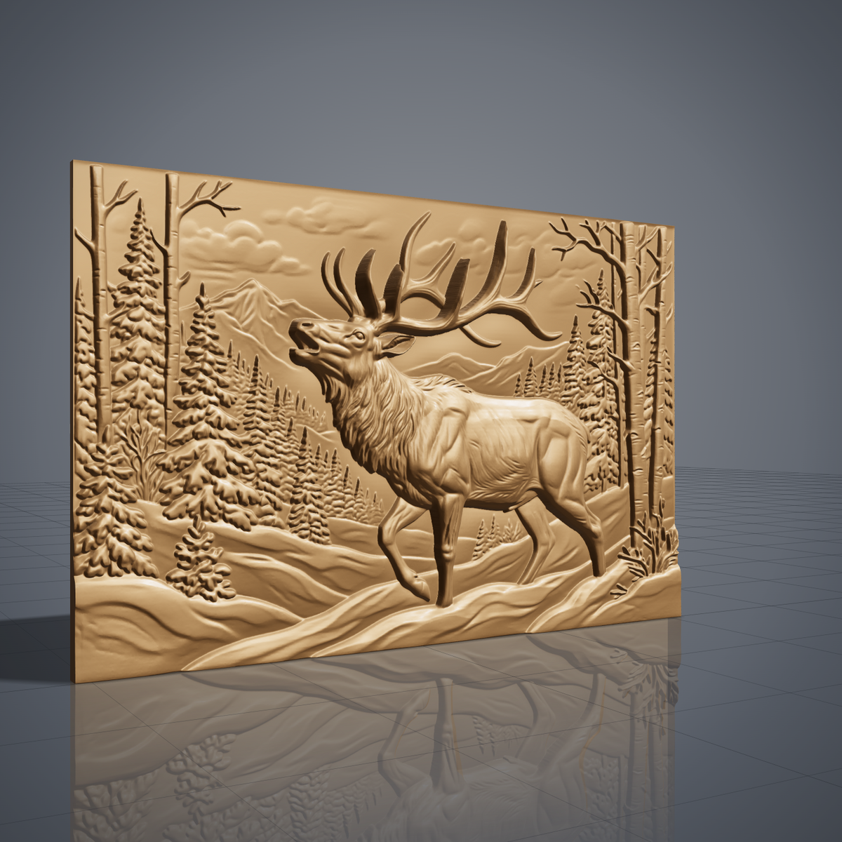 Detailed 3D bas-relief of a bugling bull elk with large antlers stepping through a snowy winter forest, with spruce trees, bare birches, snowdrifts and distant mountains, set on a flat rectangular slab. Shown in carved walnut wood and grey resin. Designed for CNC relief carving, woodworking and 3D printing as rustic cabin wildlife wall decor.