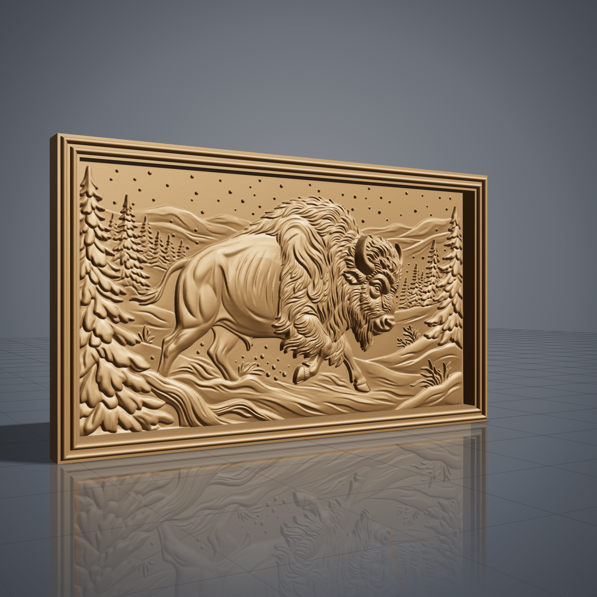 Detailed 3D bas-relief of a powerful bison charging through deep snow, head lowered with curved horns, shaggy mane and one front hoof raised. Snowy pine trees line both sides, rolling hills and falling snowflakes fill the sky, and snow sprays near the hooves. Set in a rectangular panel with a stepped molded frame. Designed for CNC relief carving, wood routing and 3D printing as rustic cabin wall decor.