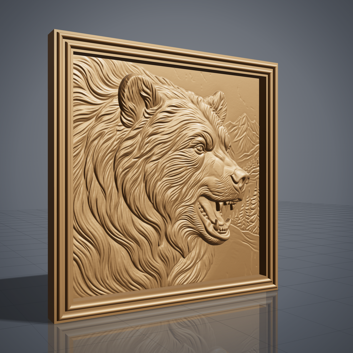Detailed 3D bas-relief of a snarling grizzly bear head in profile with flowing fur, open jaws and fangs, set against a mountain and pine forest scene inside a stepped square molded frame. Shown in carved walnut wood and grey resin. Designed for CNC relief carving, woodworking and 3D printing as rustic cabin wildlife wall decor.