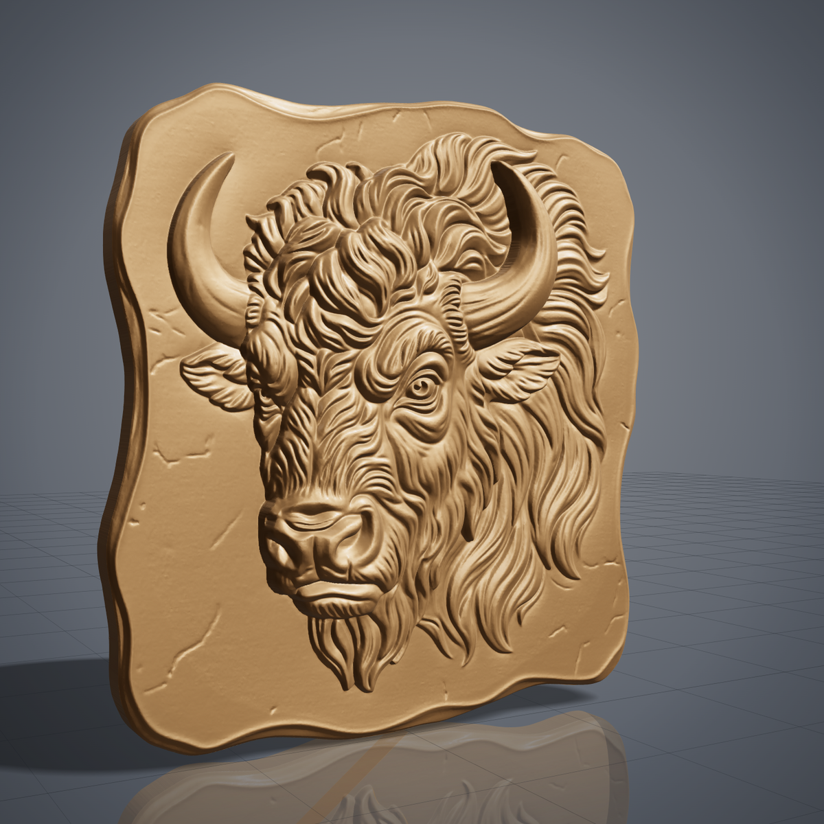 Bison head with long curved horns, shaggy mane and a fierce eye, carved in high relief on an irregular wavy cracked-stone slab, shown as a nearly square slab plaque without a frame, digital STL model for CNC router carving and 3D printing.