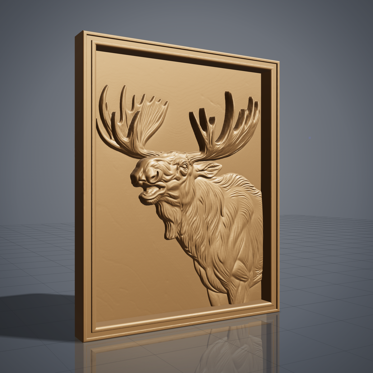 High-relief 3D bas-relief of a bellowing bull moose bust with wide palmate antlers and a shaggy mane, set in a stepped rectangular frame. Fine fur, muscle and antler detail rising from a smooth recessed background. Designed for CNC relief carving, wood routing and 3D printing as rustic wildlife wall decor for a cabin, lodge or hunting den.