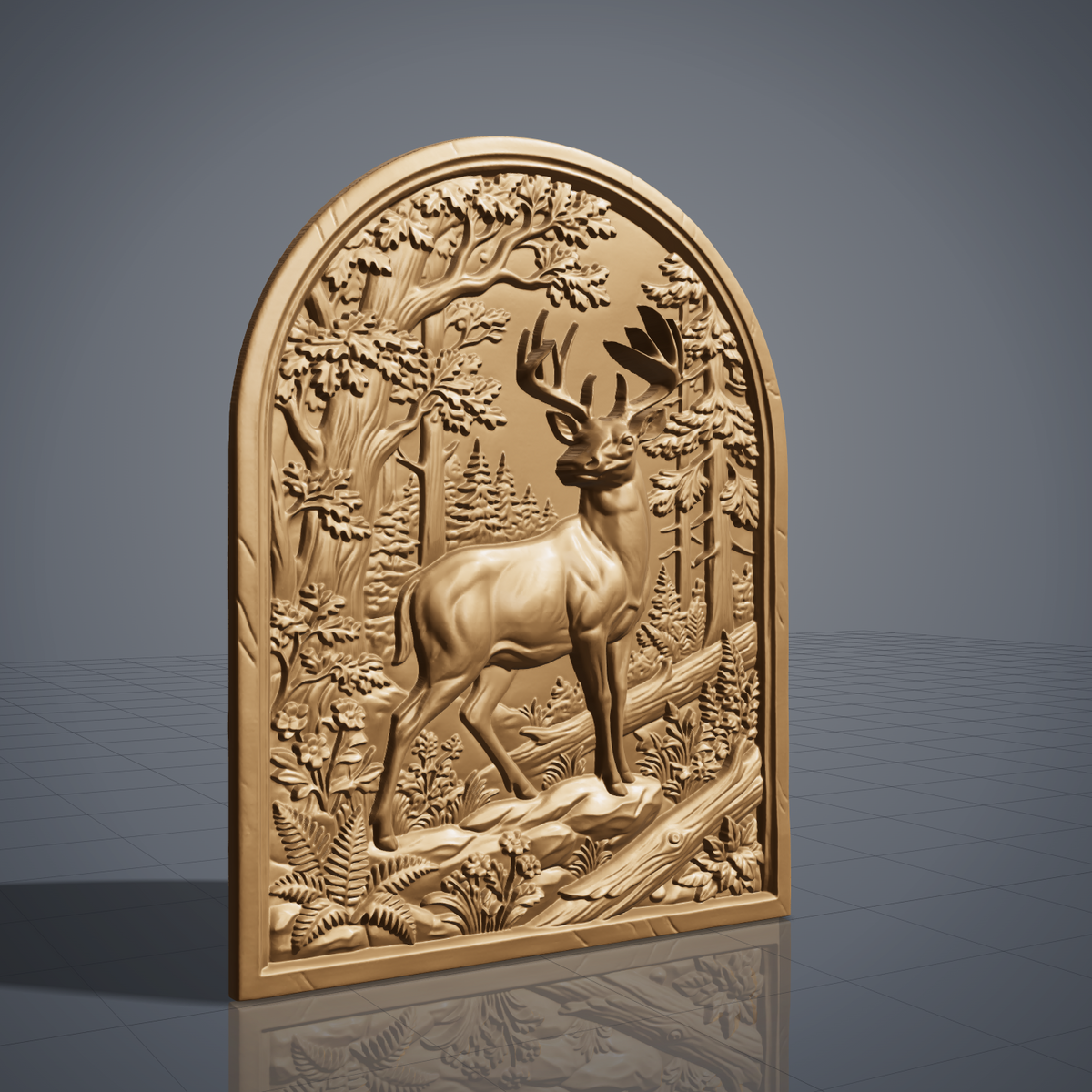 3D bas-relief of a standing buck with a full set of antlers, set in an arched-top frame. Oak trees, tall pines, ferns, wildflowers and a fallen log surround the deer in raised forest detail. Smooth sculpted anatomy and fine leaf texture. Designed for CNC relief carving, woodworking and 3D printing as arched wall decor.