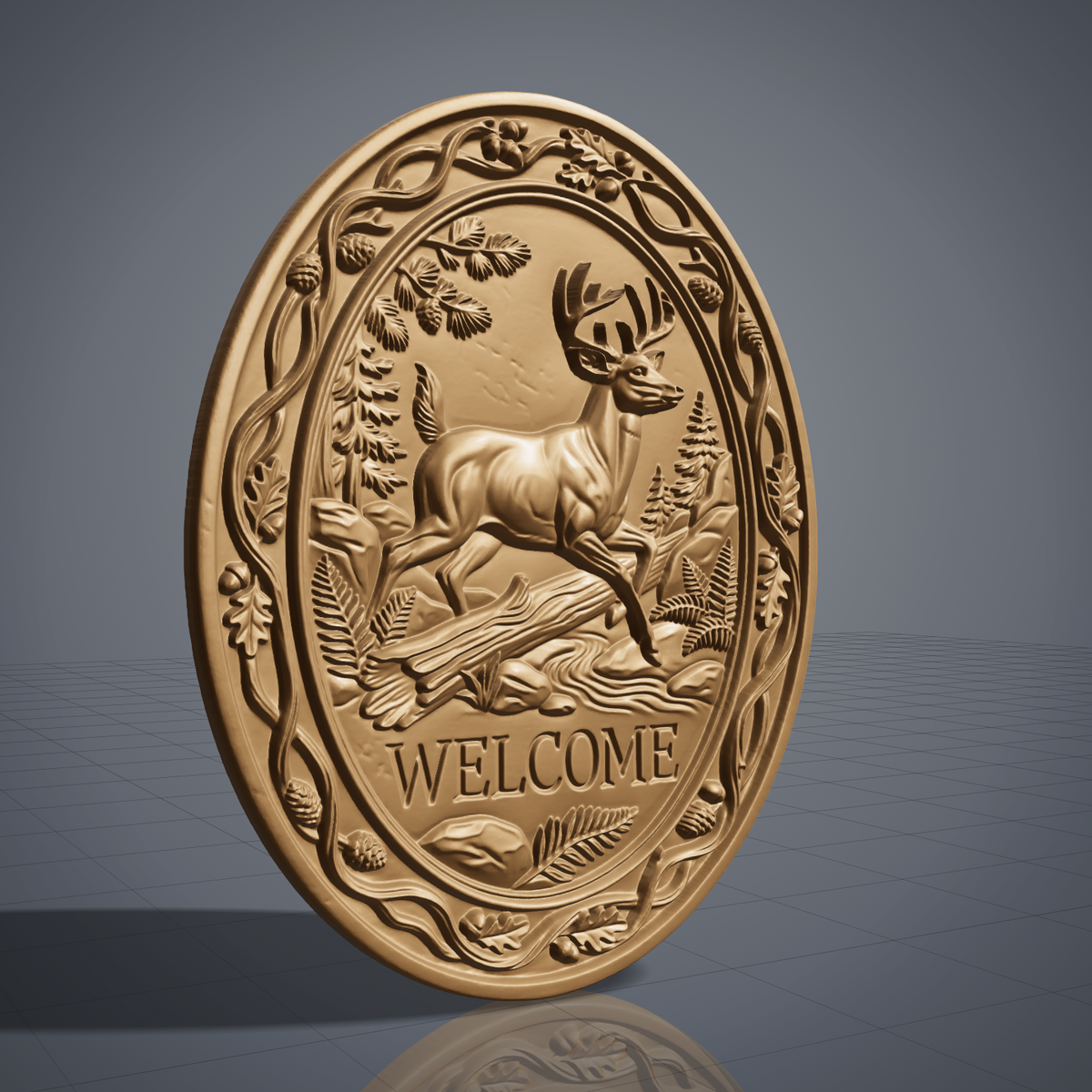 3D bas-relief welcome sign of a leaping buck with a full set of antlers, set in an oval frame with a raised vine border. Oak leaves, acorns, pine cones, ferns, rocks, a fallen log and a stream surround the deer, with carved WELCOME lettering below. Smooth sculpted anatomy and fine leaf detail. Designed for CNC relief carving, woodworking and 3D printing as oval wall decor.